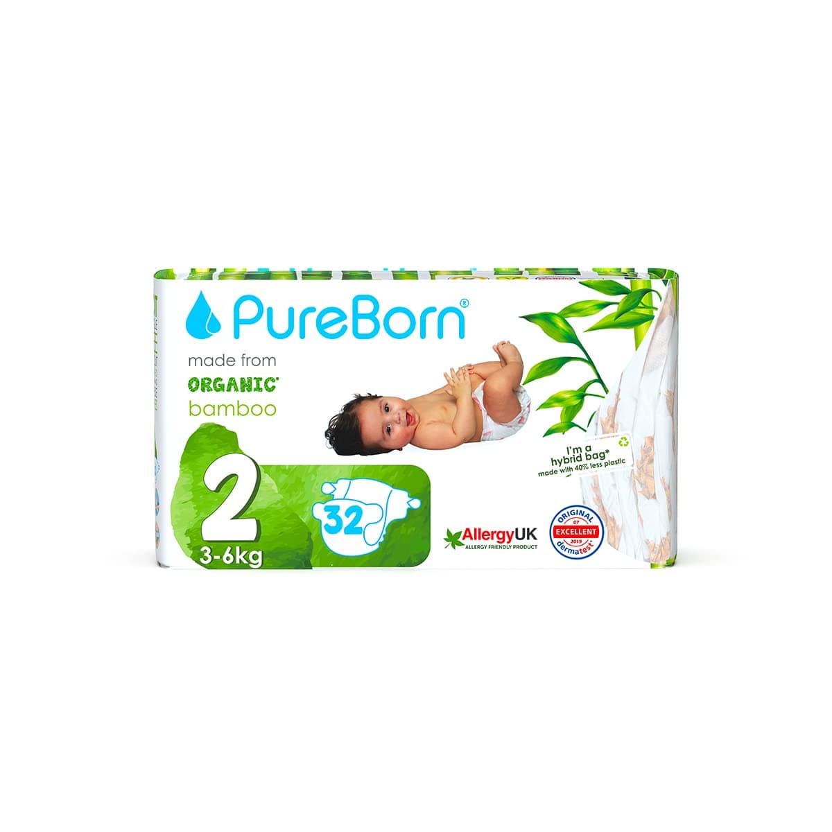 PureBorn Organic/Natural Bamboo Baby Disposable Size 2 Diapers/Nappy |Single Pack| from 3 to 6 Kg | 32 Pcs |Assorted Prints|Super Soft|Maximum Leakage Protection|New Born Essentials|Eco Friendly