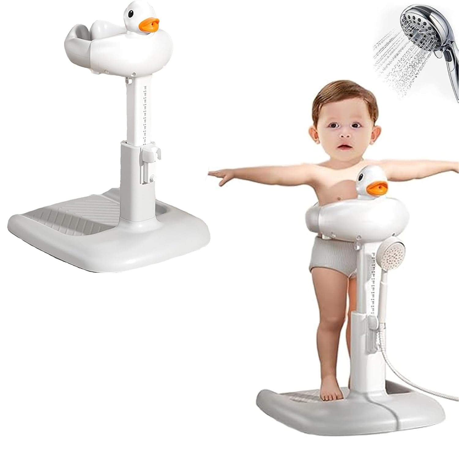 Baby Shower Stand with Support Stool, Emeralune Baby Bath Adjustable Toddler Shower Stand Shower Standing Support and Anti-Slip, Anti-Dumping, Easy to Clean, Ideal Gift for Infants 6-36 Months (white)