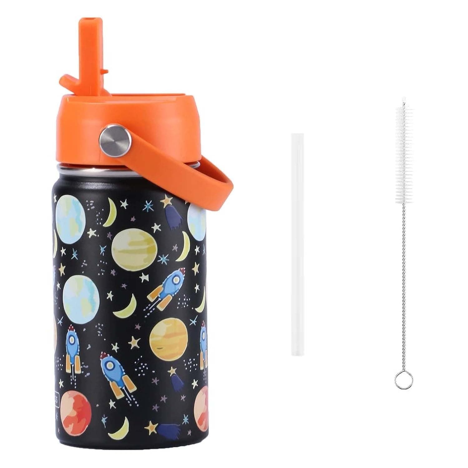 DL&3UP Kids Insulated Water Bottle, 12oz/350ml, Orange Space Cartoon Print 304 Stainless Steel Thermos Cup with Straw & Cleaning Brush, Leak-Proof for School Travel