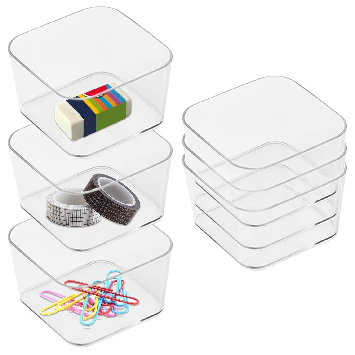 6 Pcs Clear Acrylic Organizer Drawers, Square Storage Trays for Desk Cabinet and Vanity, Multi Purpose Bins for Tools Office Supplies and Makeup, Stackable No Lid