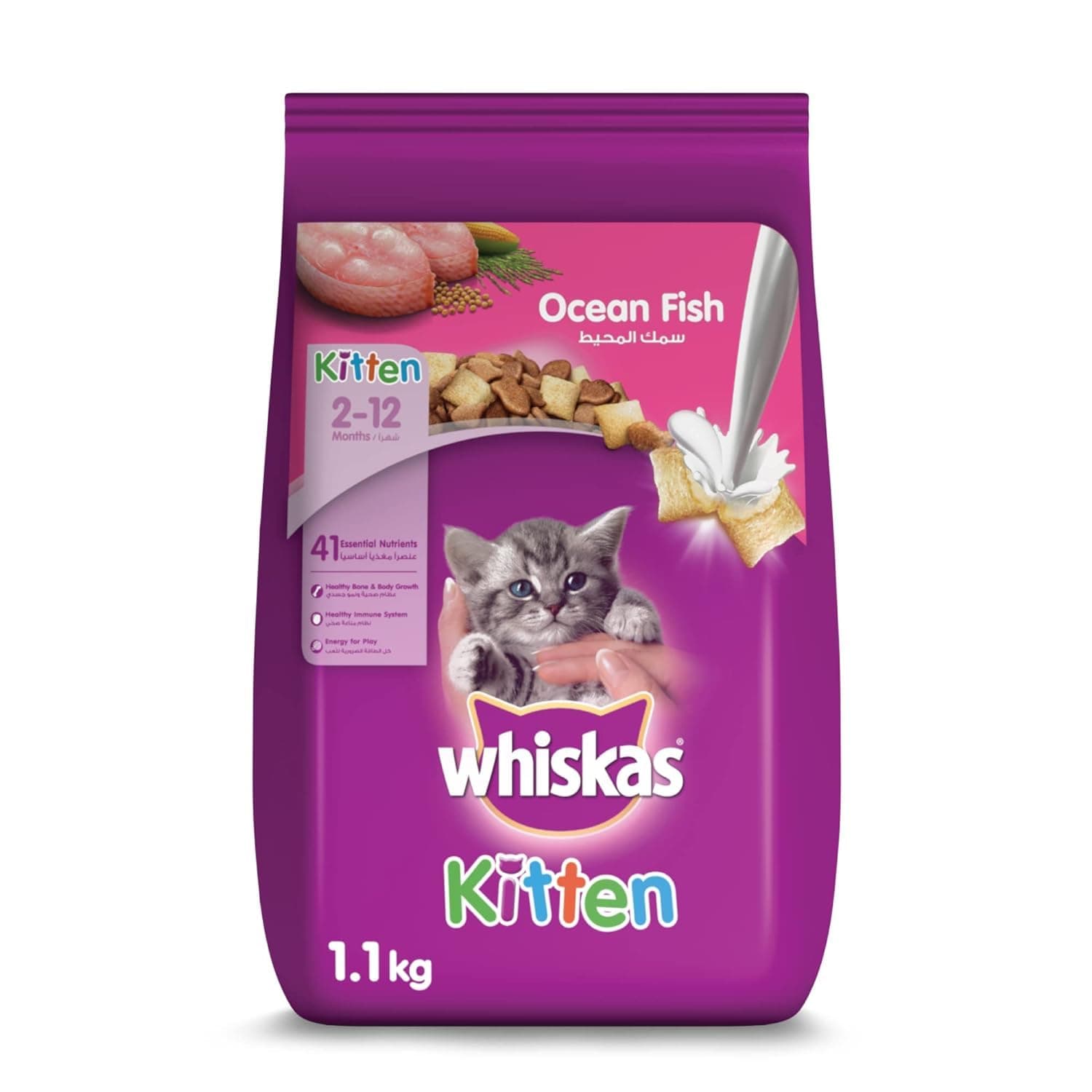 Whiskas Dry Cat Food Ocean Fish with Milk, 1.1kg Pouch, for Moms and Kittens, Prebiotics and Colostrum