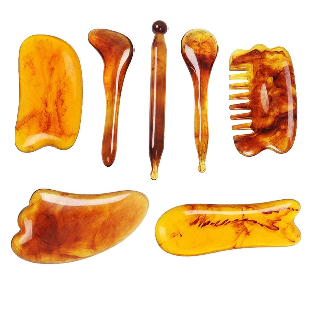 Gua Sha Scraping Massage Facial Tools Kit, 7 Pack Scraper Board, Health Care Beauty Scrape Plate with Flax Bag for Face Body Leg Back Care Physical Acupuncture Deep Tissue Therapy (Amber)