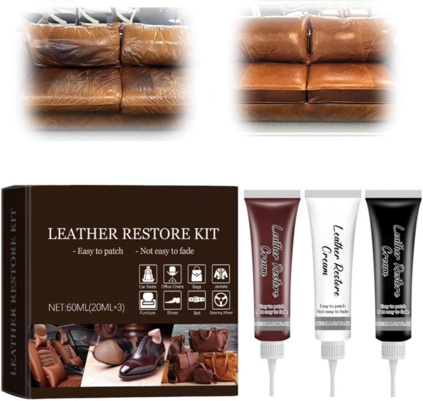 Leather Repair Kit – 3-Color Leather Filler, Paint & Patches for Sofas, Couches, Car Seats, Shoes, Furniture Color Restorer & Sofa Seat Scratch Crack Repair Kit