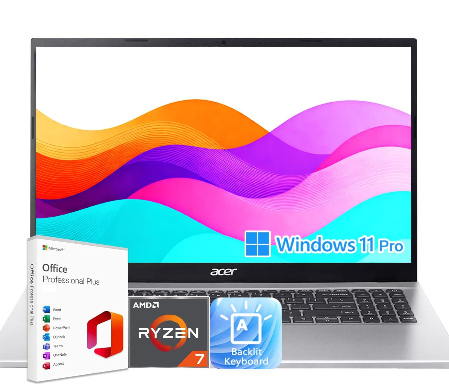 Acer Aspire 3 Premium Business Laptop | AMD Ryzen 7 7730U CPU | 15.6" FHD Display | Backlit Keyboard | 32GB RAM | 1TB SSD | Windows 11 Pro with Microsoft Office | Fast Wi-Fi 6 | Pure Silver