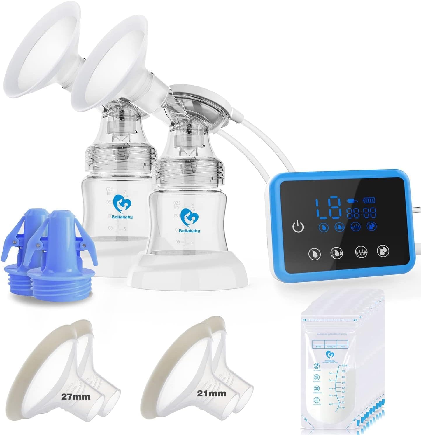 Bellababy Double Electric Breast Feeding Pumps with 21mm,24mm,27mm Flanges,Touch Screen,Pain Free Strong Suction 4 Models 9 Levels Strength (24MM)