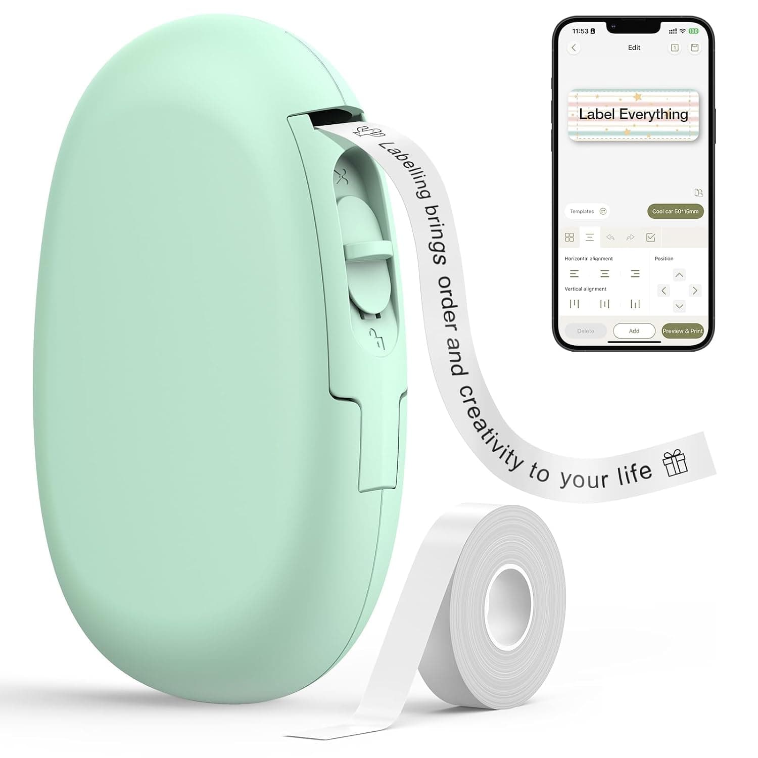 SUPVAN E10 Bluetooth Label Printer with Continuous Waterproof Labels, Green