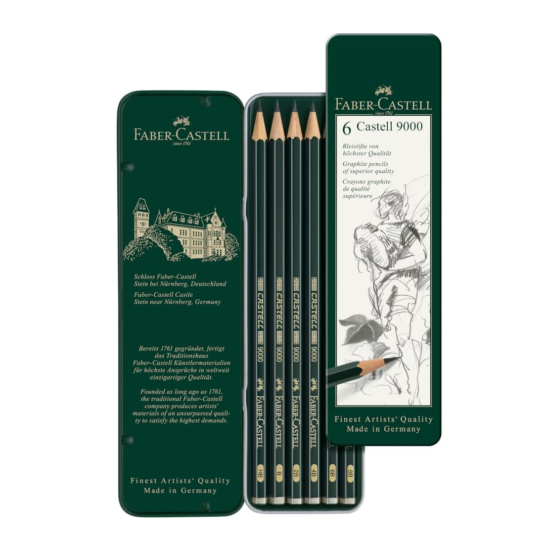 Faber Castell 9000 Graphite Pencil in Tin Case 6-Pieces | Artist pencils hardness grade HB - 8B for writing, sketching and drawing