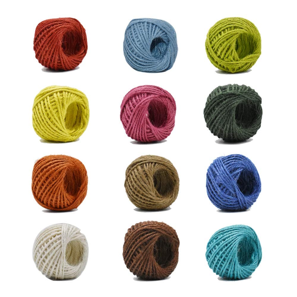 12 Color Jute Twine Natural Jute String 2mm 3 Ply Twine String for Artworks, DIY Crafts Gift Wrapping Twine, Picture Display and Embellishments Gift Package 33 Yard per Roll