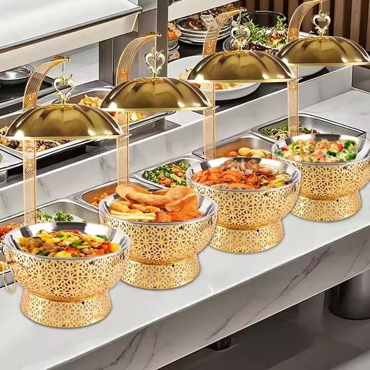 8QT Chafing Dishes, 4 Pack Premium Stainless Steel Complete Set, Round Chafing Dish Buffet Set, Heating and Cooling Chafing Dish for Gatherings Banquets, Buffets, Parties, Weddings, Gold