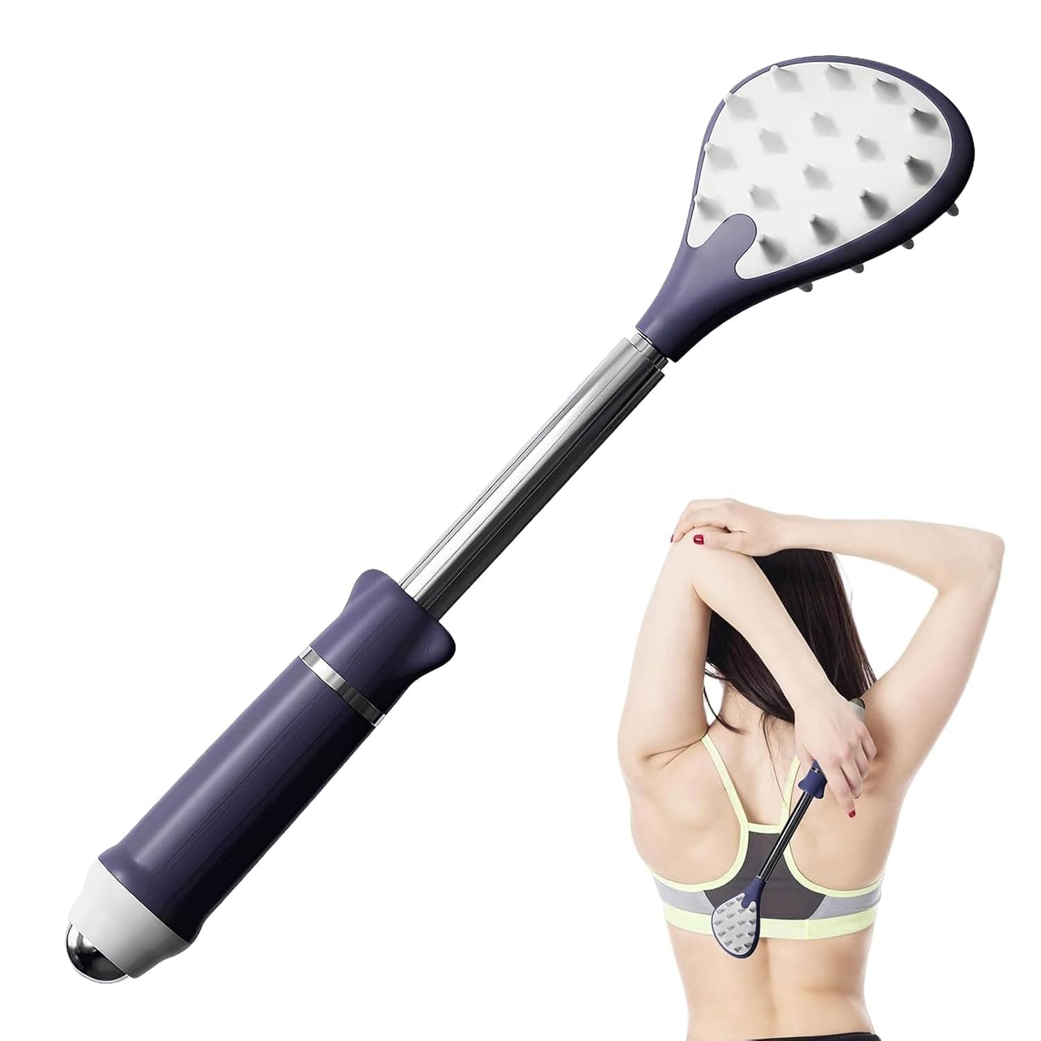 Purple Telescopic Back Scraper Stainless Steel Extendable Back Scraper with Massage Roller Relaxation Tool for Relieving Itchy Back, Head and Legs