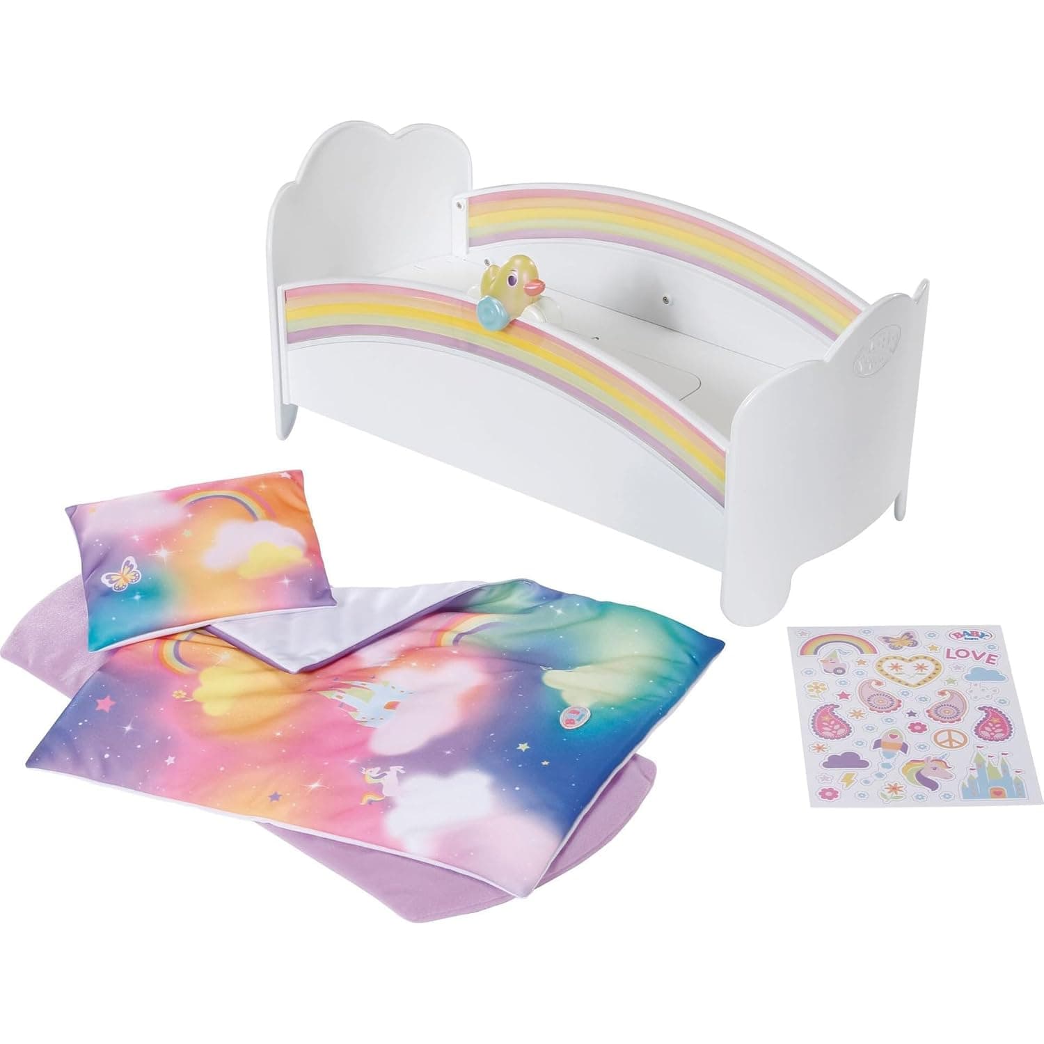 BABY born Rainbow Bed - Doll bed with rainbow light & melody to fall asleep - Doll accessories with reversible bedding & Stickers - for Children from 3 years old | Rainbow light, sleep melody, reversible bedding and stickers