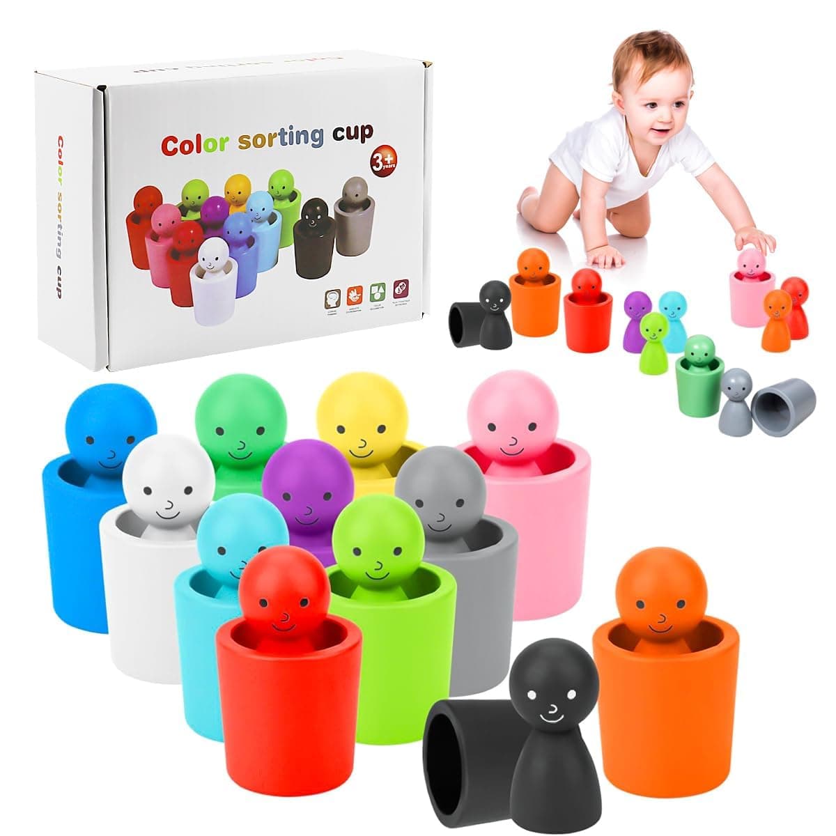 Montessori Colour Sorting Toys, 12Pcs Wooden Peg Dolls & Stacking Cups, Sensory Matching Game for Toddlers, Color Recognition Early Learning Toys