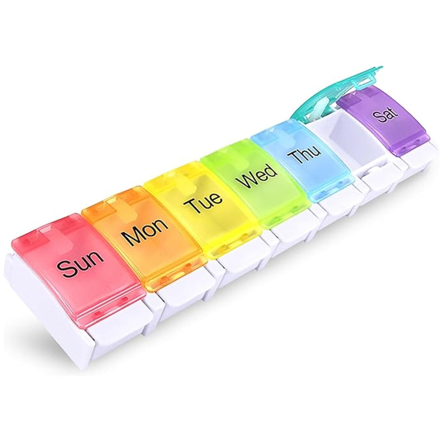 SKEIDO 7-Day Pill Organizer with Push Button - Weekly Pill Box for Pills, Vitamins, Fish Oil, and Supplements (Rainbow Colors, BPA-Free, Compact & Portable)