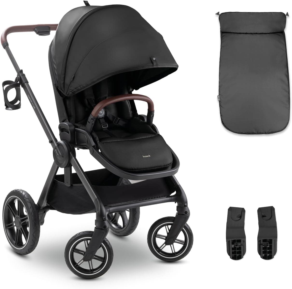 hauck Comfort N Care, Black - Children's Buggy with Leg Cover from Birth to 22 kg, Reversible Seat with Reclining Function, XL Hood UPF 50+, Suspension, Rubber Wheels, Height-Adjustable Slider, Drink