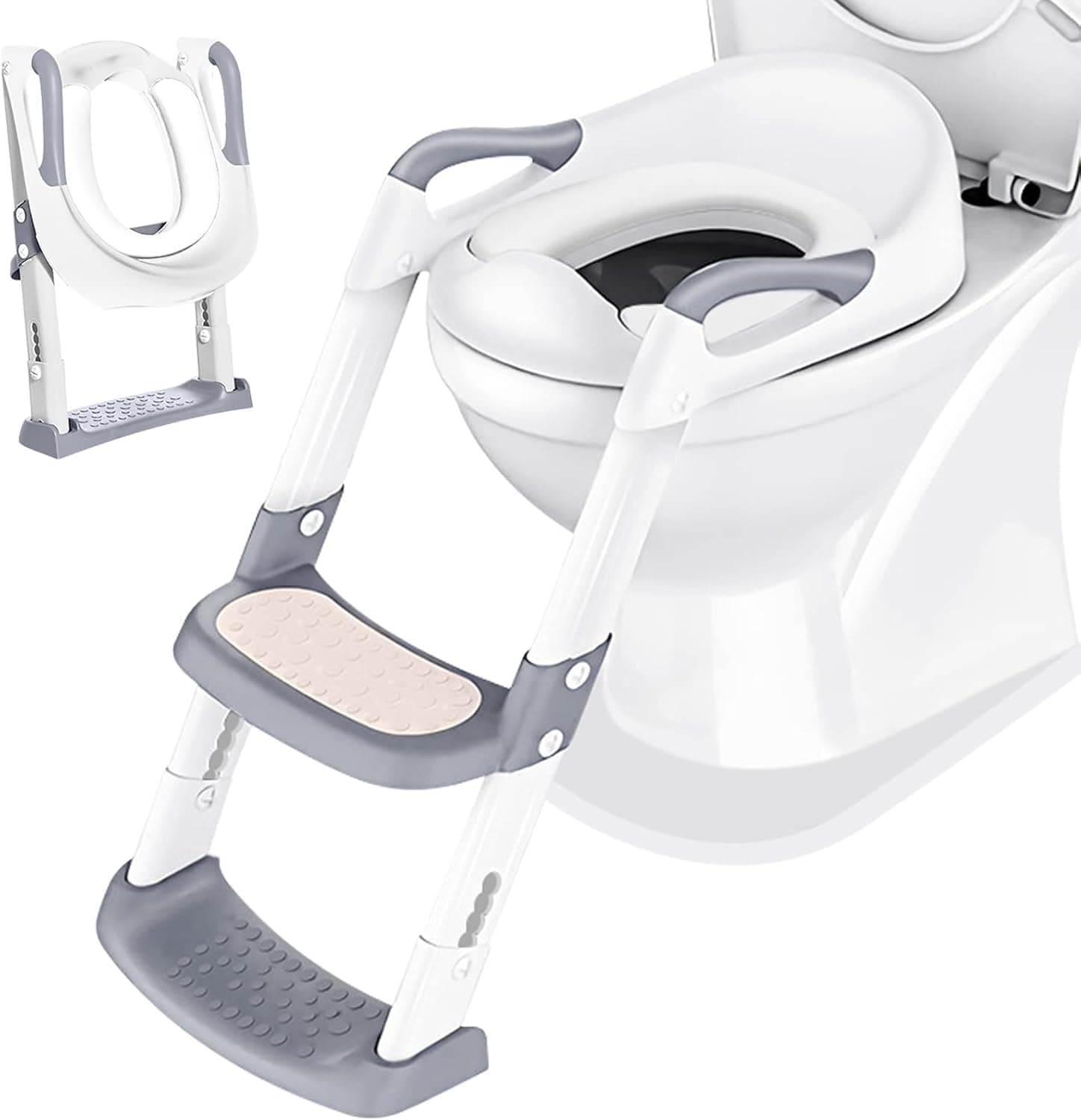Potty Training Toilet Seat Trainer: Kids Toilet Training Seat with Step Stool - Foldable Portable Potty Chair with Adjustable Height Ladder Guard Handle Soft Cushion White for Baby Toddler Boys Girls