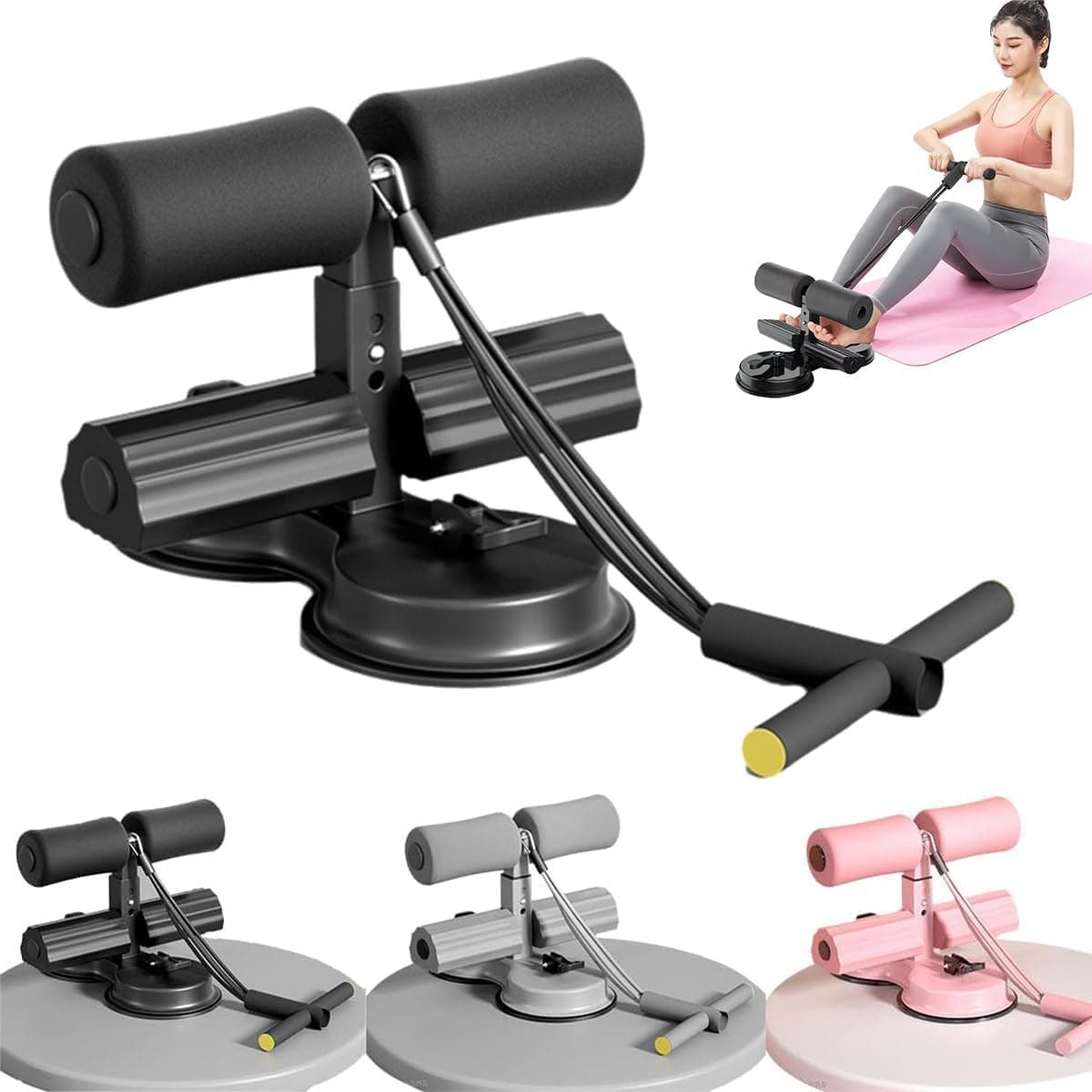 Abdominal Training Belt, Dual Suction Cup Exercise Equipment, 3-Level Height Adjustment Fitness Device for Core Workout, Home Gym Strength Training, with Drawstring Fastener (Black)