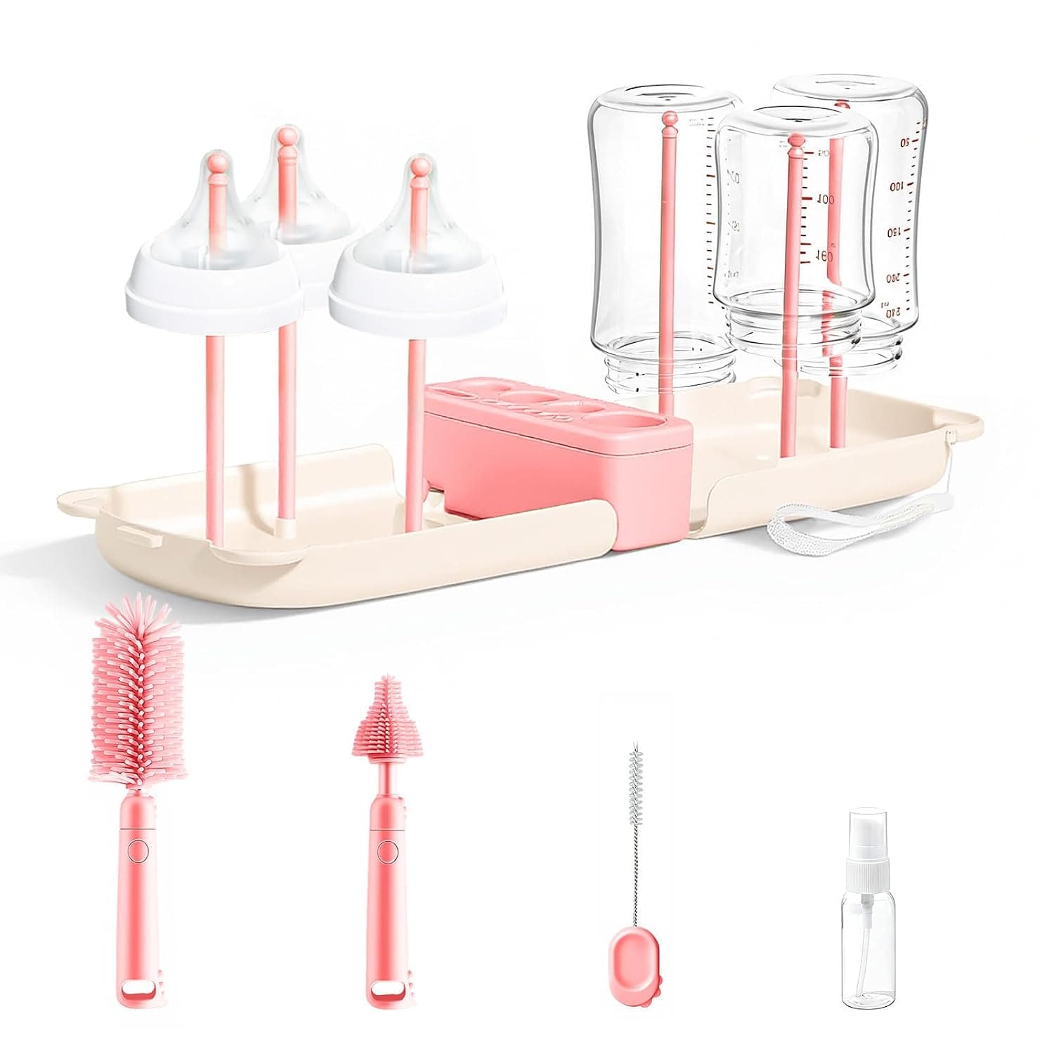 Portable Baby Bottle Brush Set - 7 in 1 Baby Bottle Cleaner Kit, Baby Travel Essential Bottle Washing Kit with Silicone Bottle Brush, Brush, Straw Brush, Drying Rack for Home and Travel(Pink)
