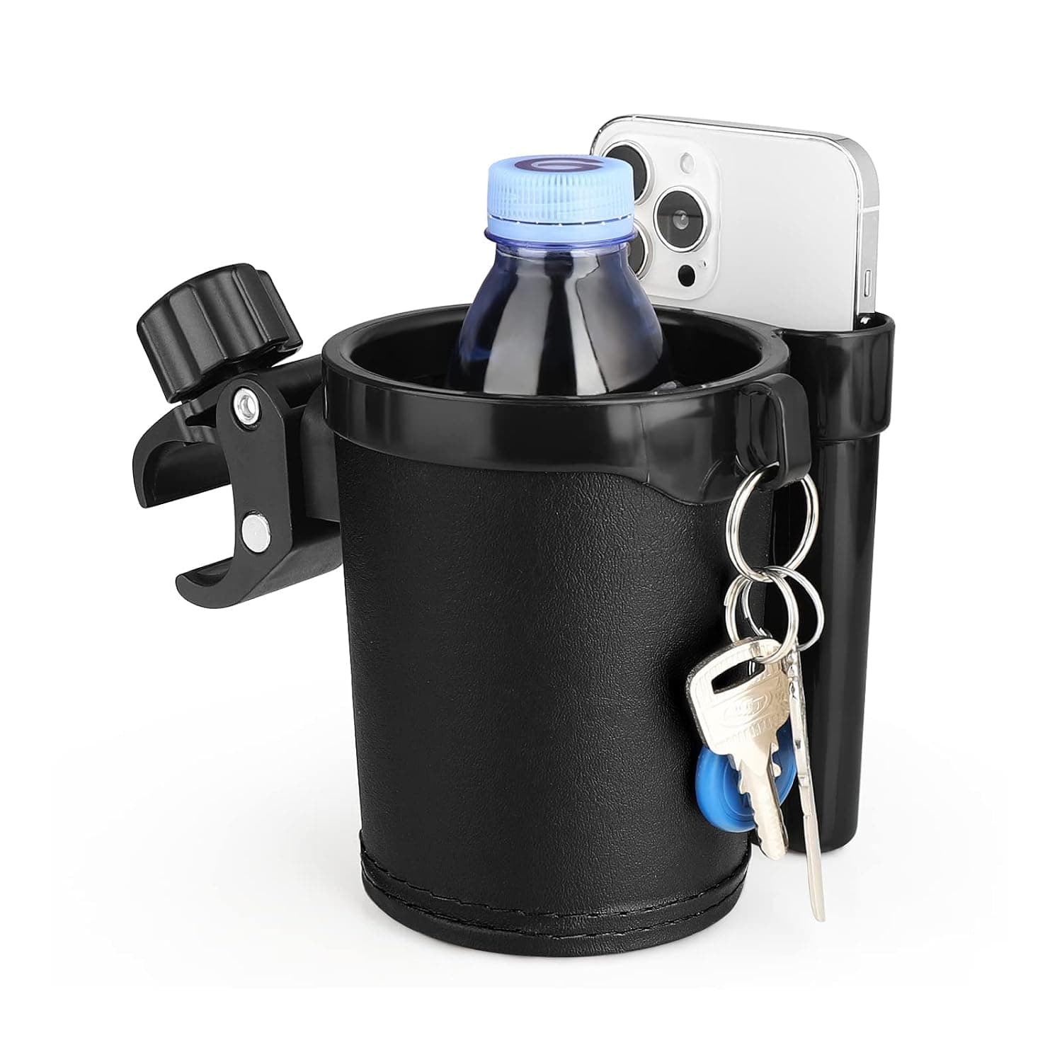 Stroller Cup Holder with Phone Keys Holder Organizer, 3-in-1 Universal Bike Cup Holder Bottle Holder for Stroller, Bicycle, Wheelchair, Walker, Scooter, Black