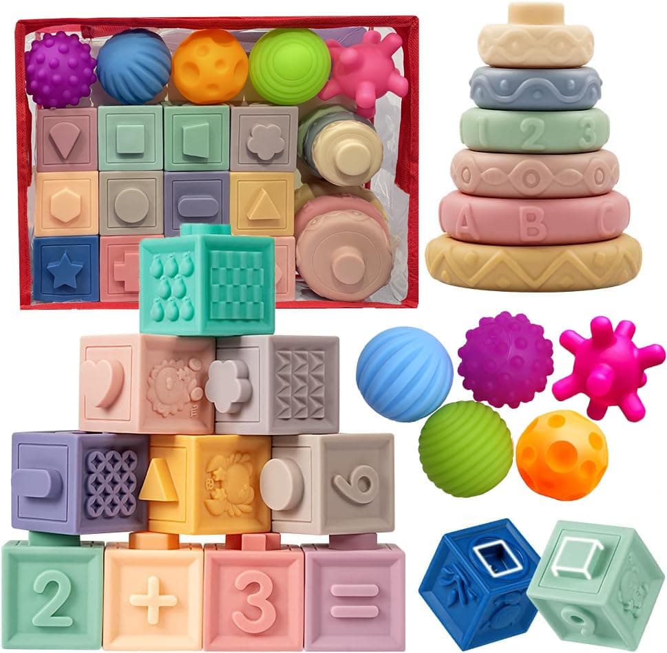 Beauenty 3 in 1 Montessori Toys for Babies, 23pcs Soft Silicone Building Blocks, Sensory Balls & Stacking Rings Set, Teething Toys for Infants 0-18 Months, Early Development Educational Toys