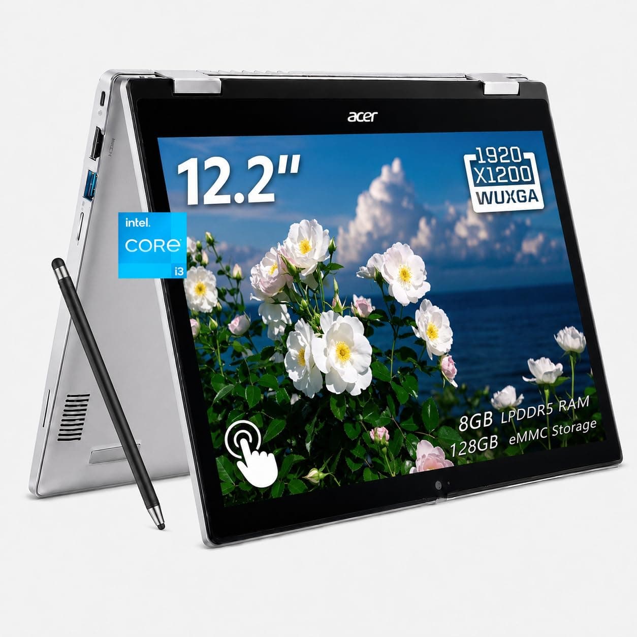 Acer Chromebook Spin 312 2-in-1 Touchscreen Laptop, 12.2" WUXGA Display, Intel Core i3-N305 Processor, 8GB LPDDR5 RAM, 128GB eMMC Storage, ChromeOS, Wi-Fi 6E, Silver, with Laptop Sleeve and Stylus Pen