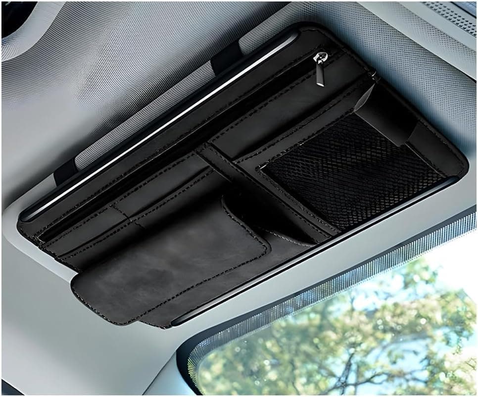 Car Sun Visor Organizer, Soft Leather Surface Auto Sunshade Organizer Bag, Scratch-Resistant Waterproof Eyeglasses Note Card Holder Car Storage Bag, Car Accessories (Black)