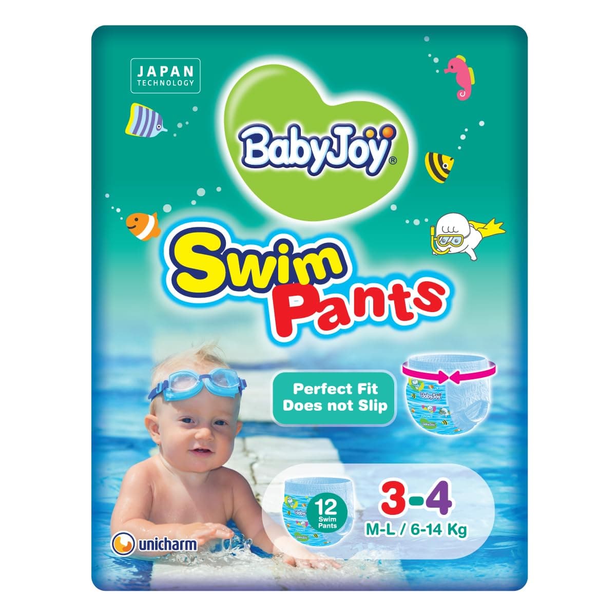 BabyJoy Swim Pants Diaper, Size 3-4, Medium - Large, 6-14 Kg, Saving Pack, 12 Swim Pants