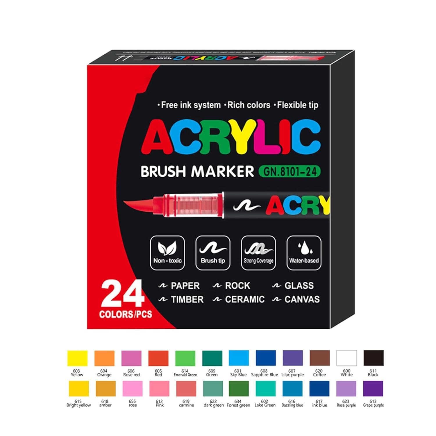 Acrylic Paint Pens, Soft Brush Tip Acrylic Markers, 24 Colors Ideal for Canvas, Rock Painting, Wood, Stone, Glass, Ceramic, Fabric Painting, DIY Crafts