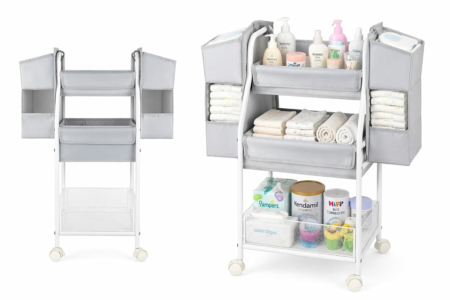 Moteph Rolling Utility Cart with Side Storage - Diaper Organizer, Nursery Essentials, and Craft Organizer (with_Side_Storage)