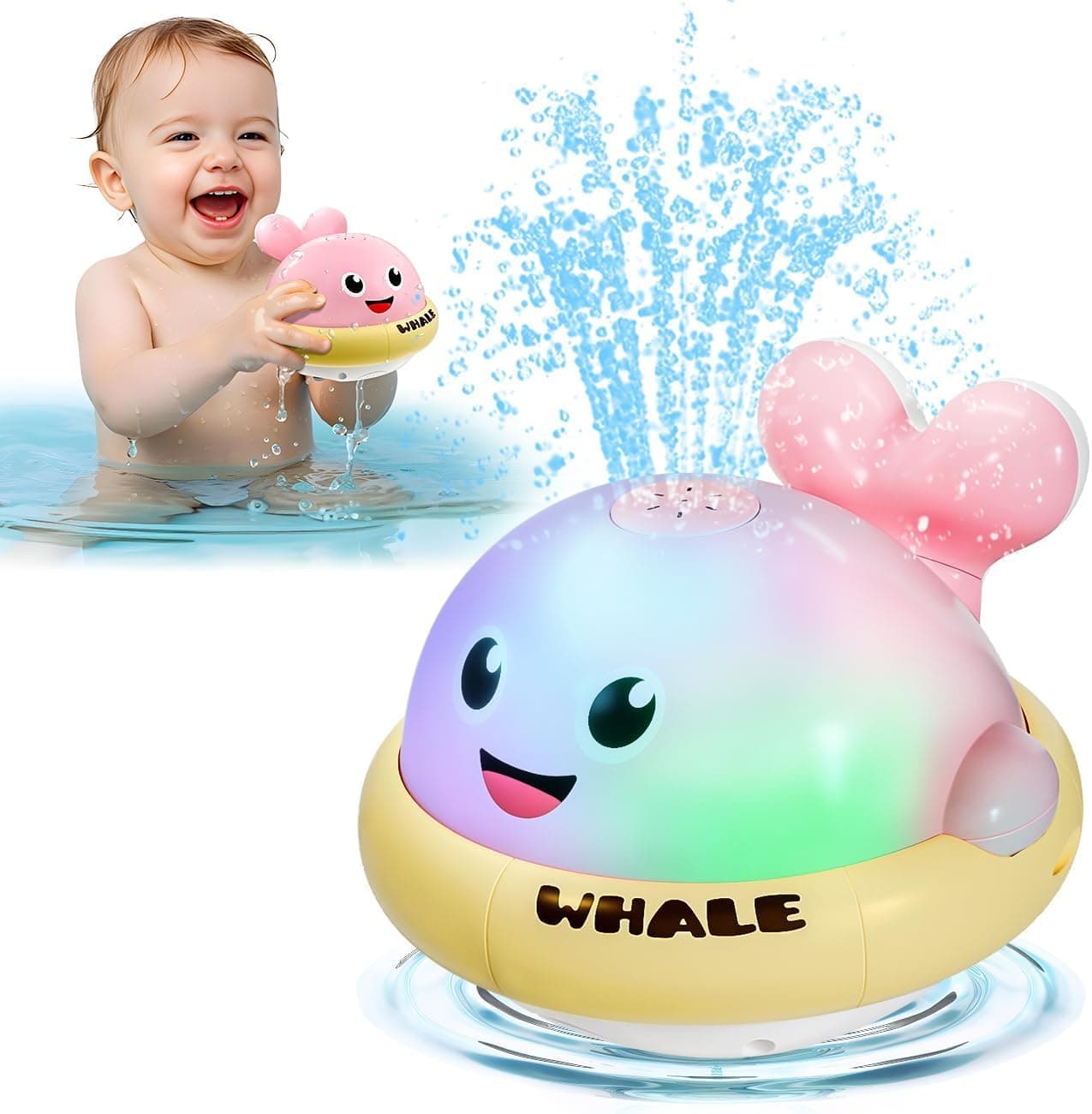 Baby Bath Toys, Light Up Whale Sprinkler Bath Toys for Kids Ages 1-3, Pool Water Toys for Toddlers Bathtub Fountain Toys, Birthday Gifts for 1 2 3 Year Old Boys & Girls (Pink)