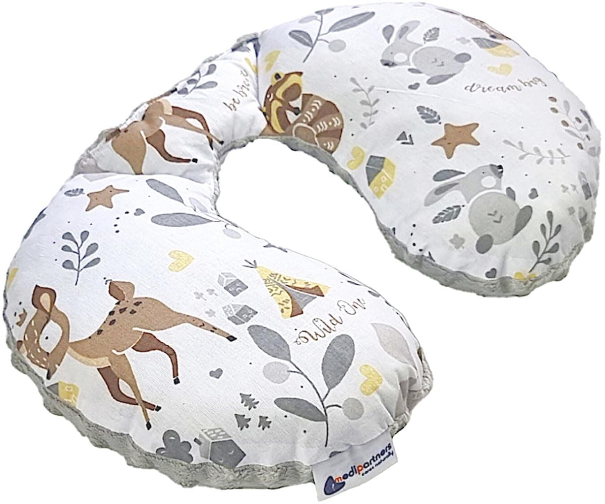 Medi Partners Neck Pillow Children's Neck Support 100% Cotton/Minky Baby Neck Pillow for Car Pushchair Car Travel Sleep Neck Pillow Snooze Roll Deer with Grey Minky