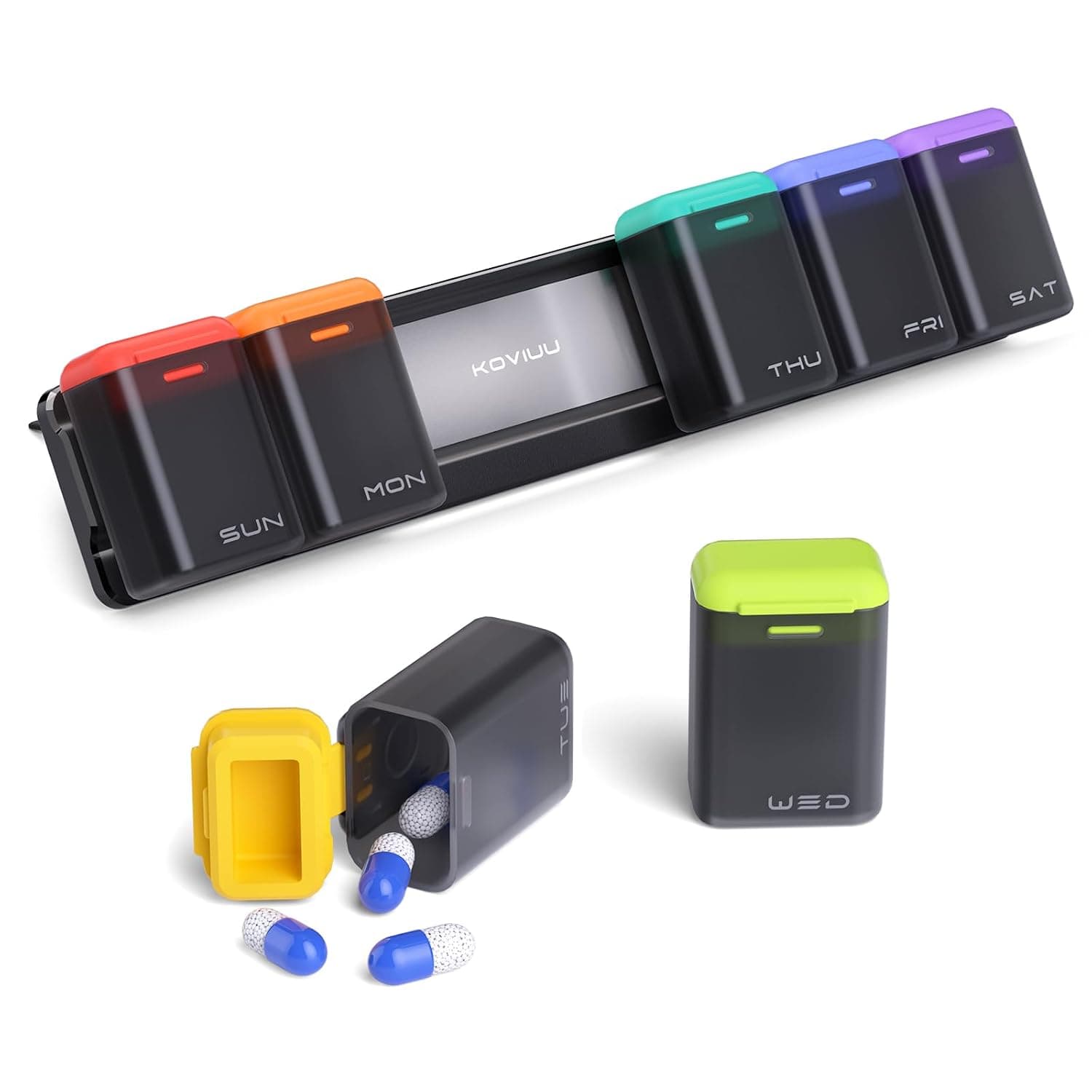 KOVIUU Weekly Pill Organizer Magnetic, Removable Pill Box 7 Day 1 Time a Day, Large Travel Pill Case, Week Once Daily Medication Dispenser, Medicine Container Holder for Supplement, Vitamin, Black