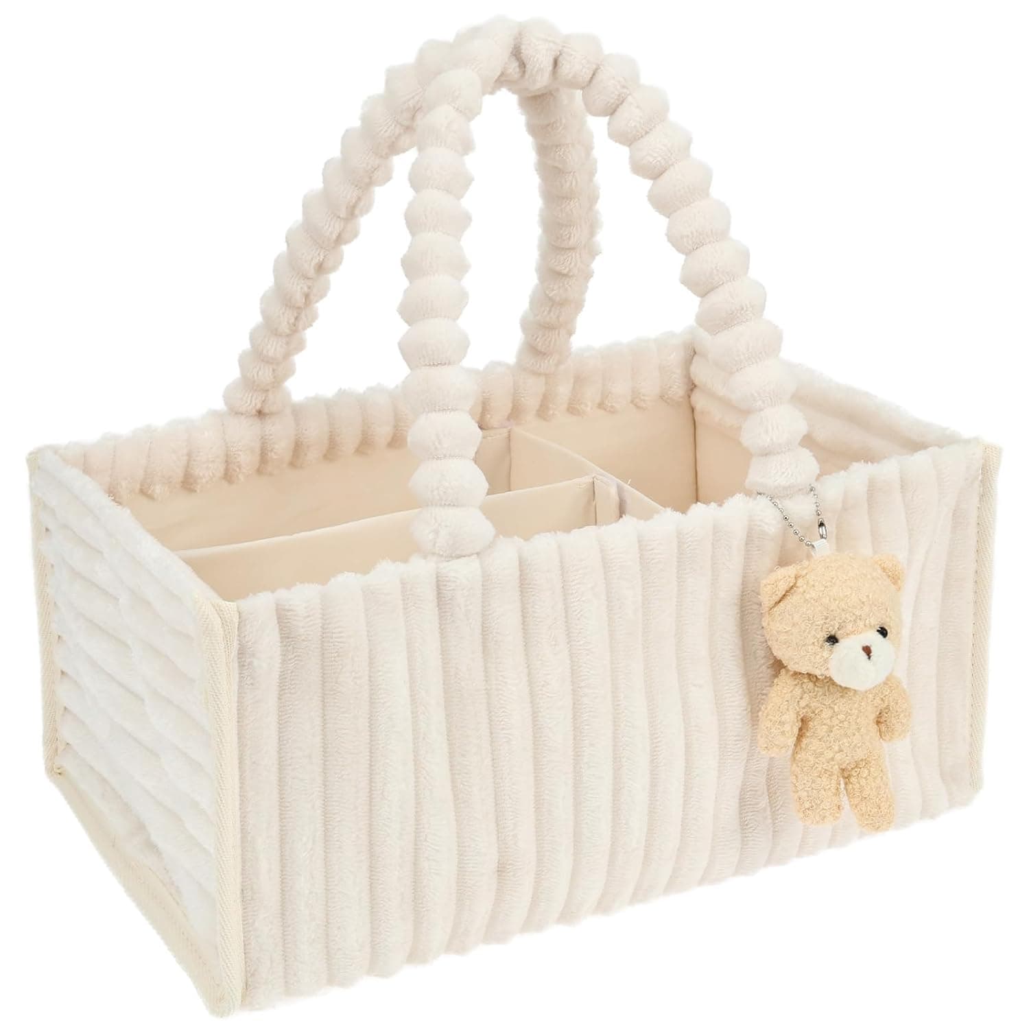 Nappy Caddy Organizer Plush and Non-Woven Fabric Baby Storage Bin Foldable Nursery Basket for Newborn Essentials for Storing Wet Wipe Comb and Small Toy with Bear Charm 38x24x18cm(white)