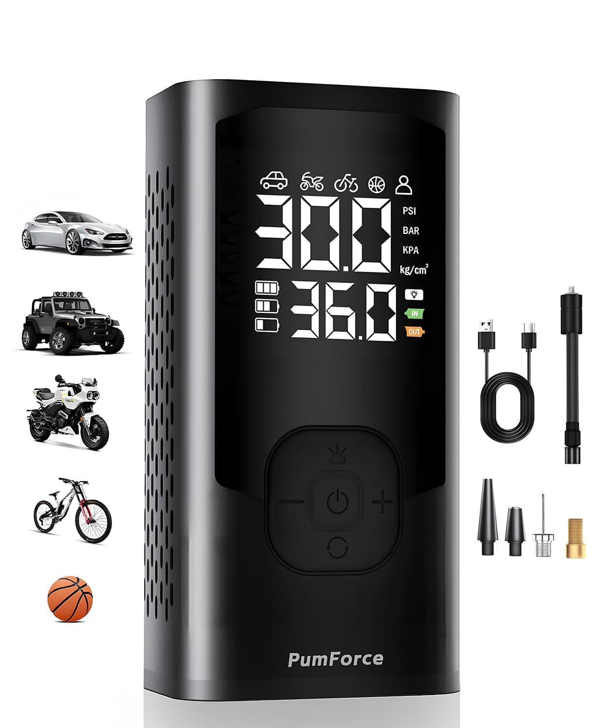 Cordless Tire Inflator 150 PSI, Air Compressor Pump with LED Digital Gauge, Fast Inflation, Auto Shut-Off, USB-C Rechargeable, 3-Mode Flashlight for Car, Motorcycle, Bike, Balls