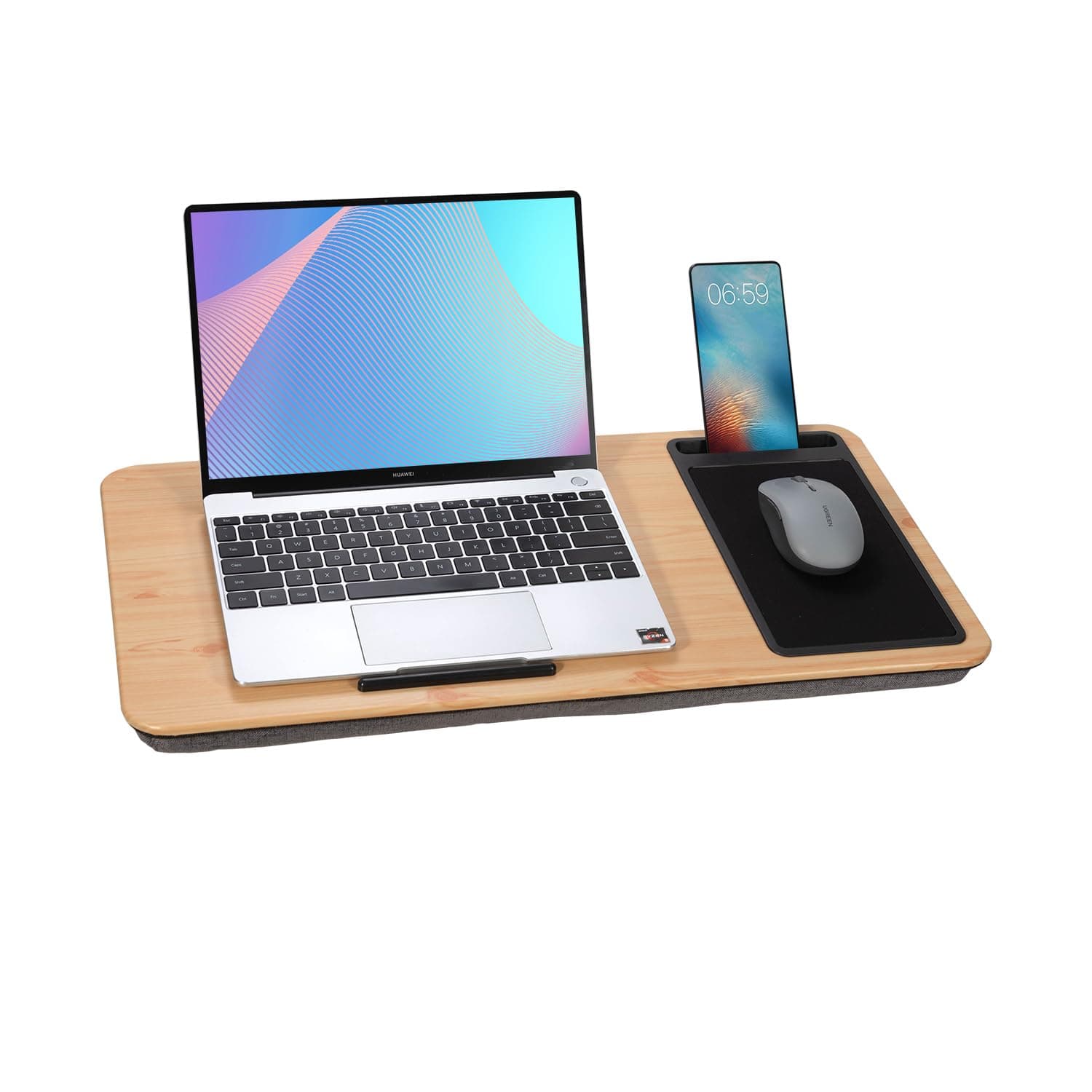 Large Natural Lap Desk Portable Tray with Pillow Cushion Fits Up to 17", with Slot, Mouse Pad, Great for Home & Office