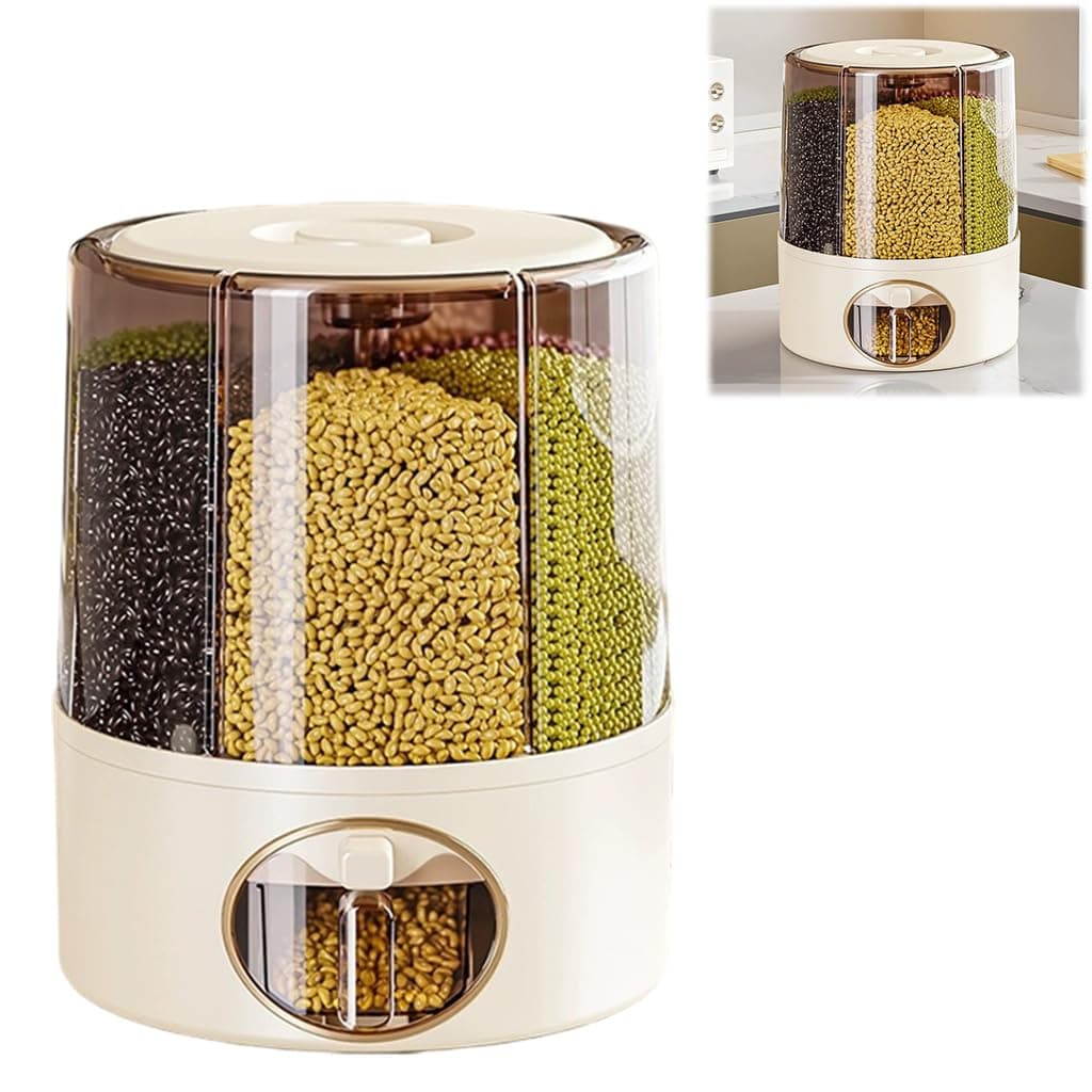 HASTHIP® 24lbs Cereal Dispenser, 6-in-1 Compartments Grain Dispenser for Kitchen Moisture Prevention Rice Storage Container for Rice, Beans, Seeds, Oats