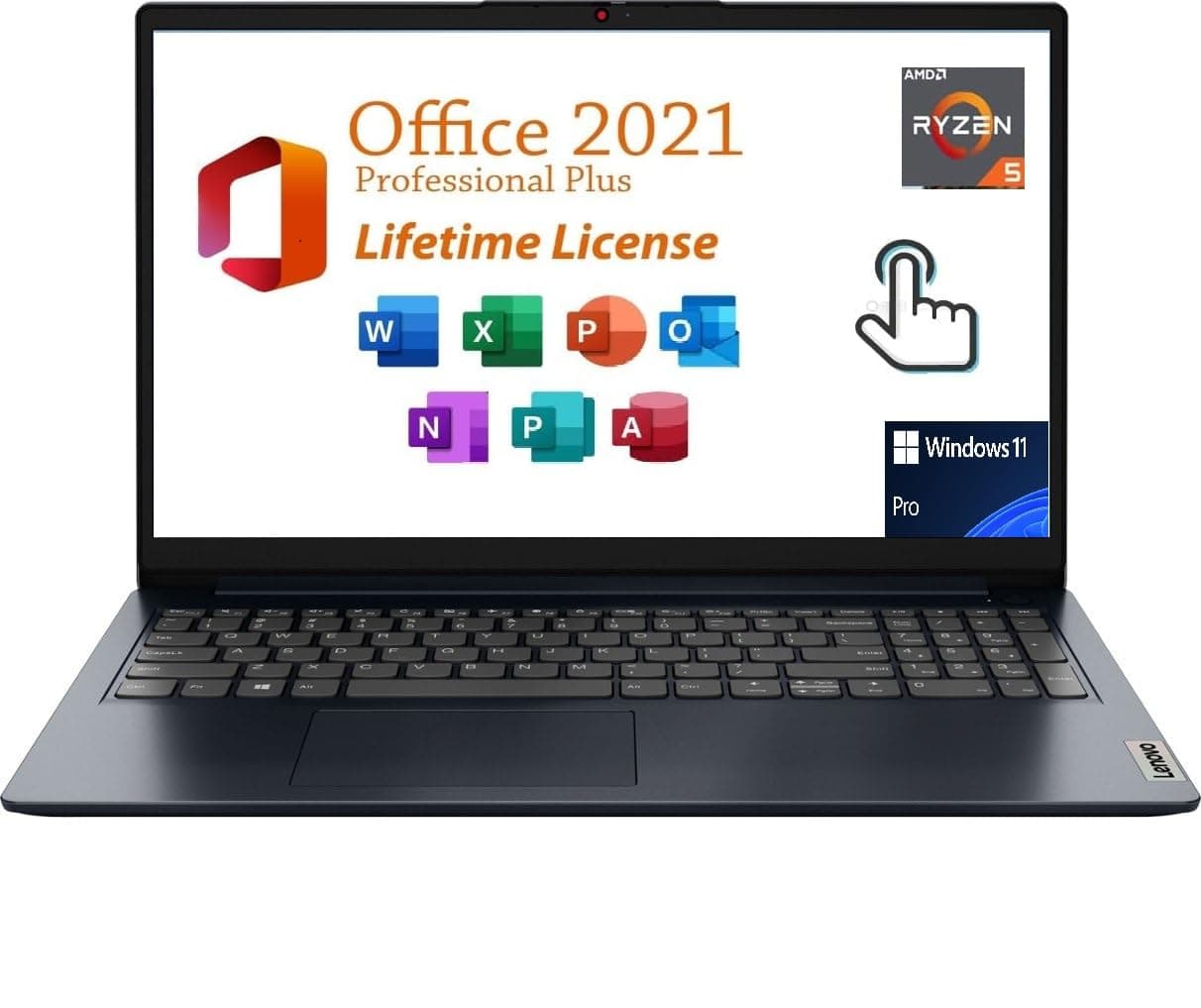 Lenovo Ideapad 1 Laptop, 15.6" FHD (1920x1080) Touch Display, with Free Lifetime Office 2021,Ryzen 5 7520U,8GB RAM,1TB SSD AMD Radeon Graphics, Type C, Windows 11 Pro, Abyss Blue