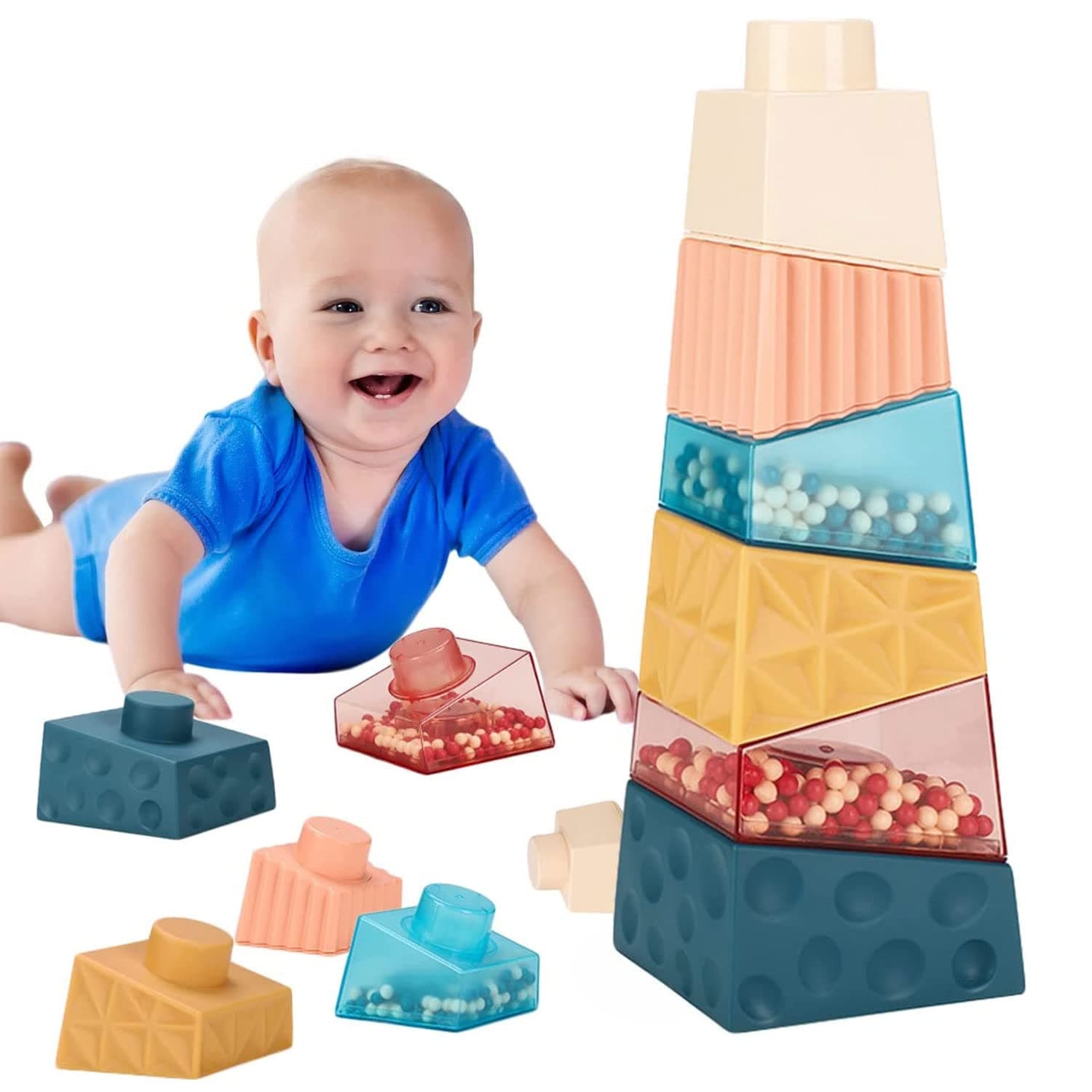 Stacking Toys Irregular Stacking Blocks Games with Rattle Montessori Baby Toys Toddler 18 Months Early Educational Sorting Balance Game Gifts for 18 Months + Boys Girls