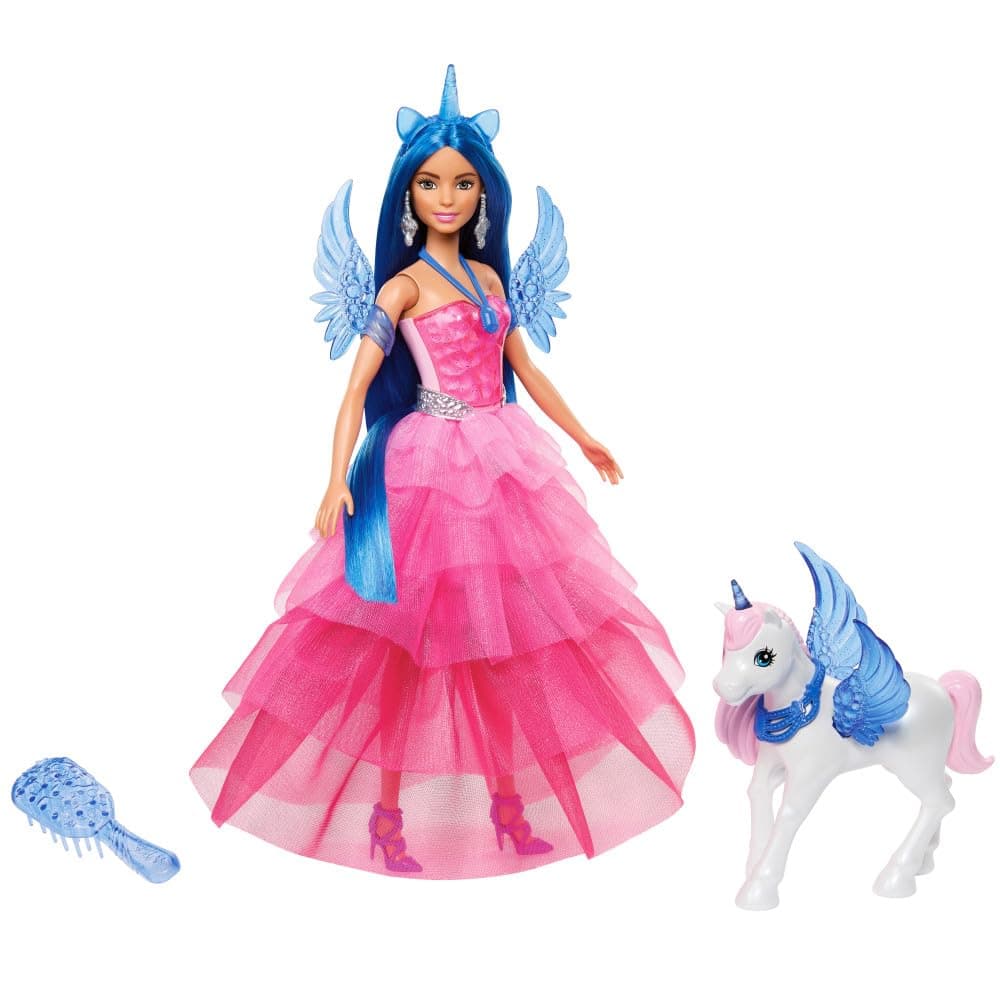 Barbie A hidden magic doll with unicorn, pink dress with sapphire blue details, unicorn headband, removable sapphire wings and unicorn tail, for children aged 3 and up, HRR16 | Fashion doll with pink dress and accessories including pet unicorn, from 3 years old, HRR16