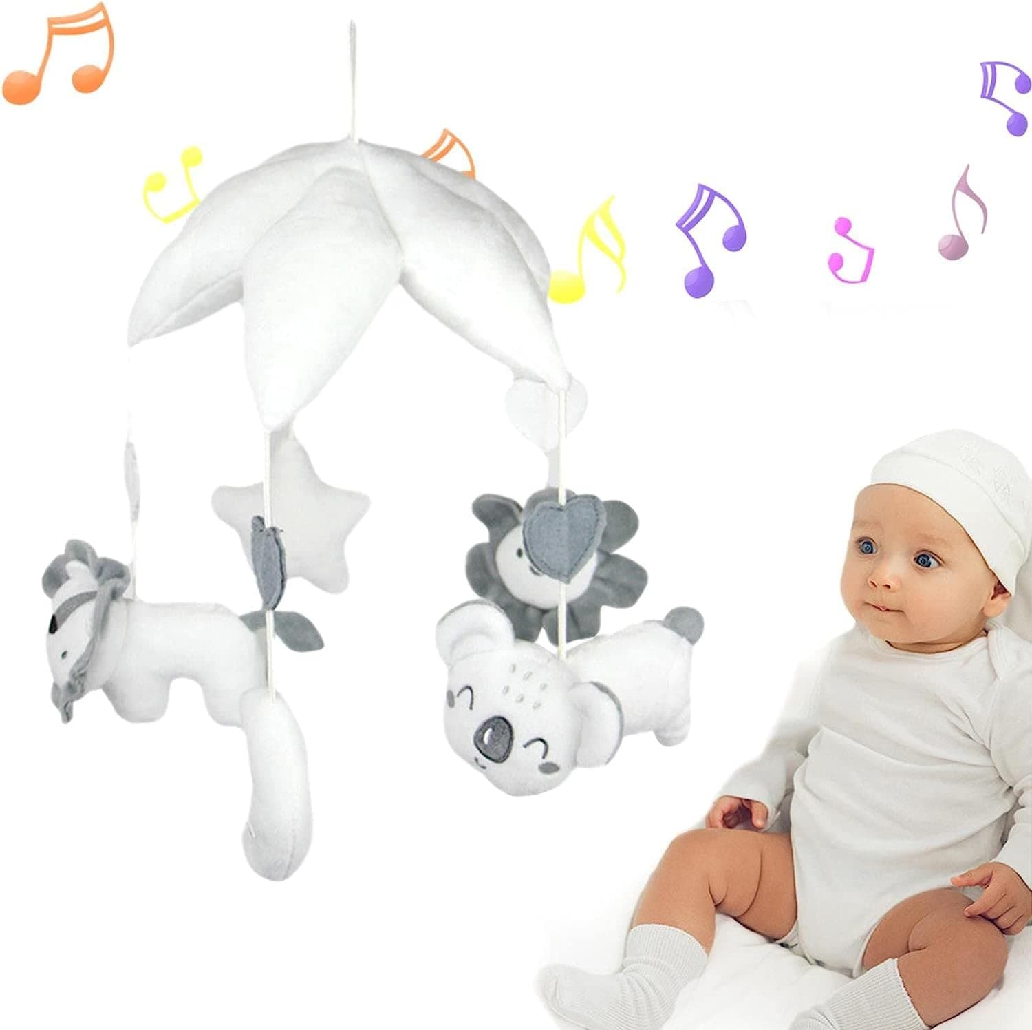 Musical Baby Crib Mobile Toy - Crib Toys with Music Soft Plush Mirror Hanging Toys,Digital Music Box, Hanging Rotating Animals Plush Toys, Infant Soother Toy for Newborn