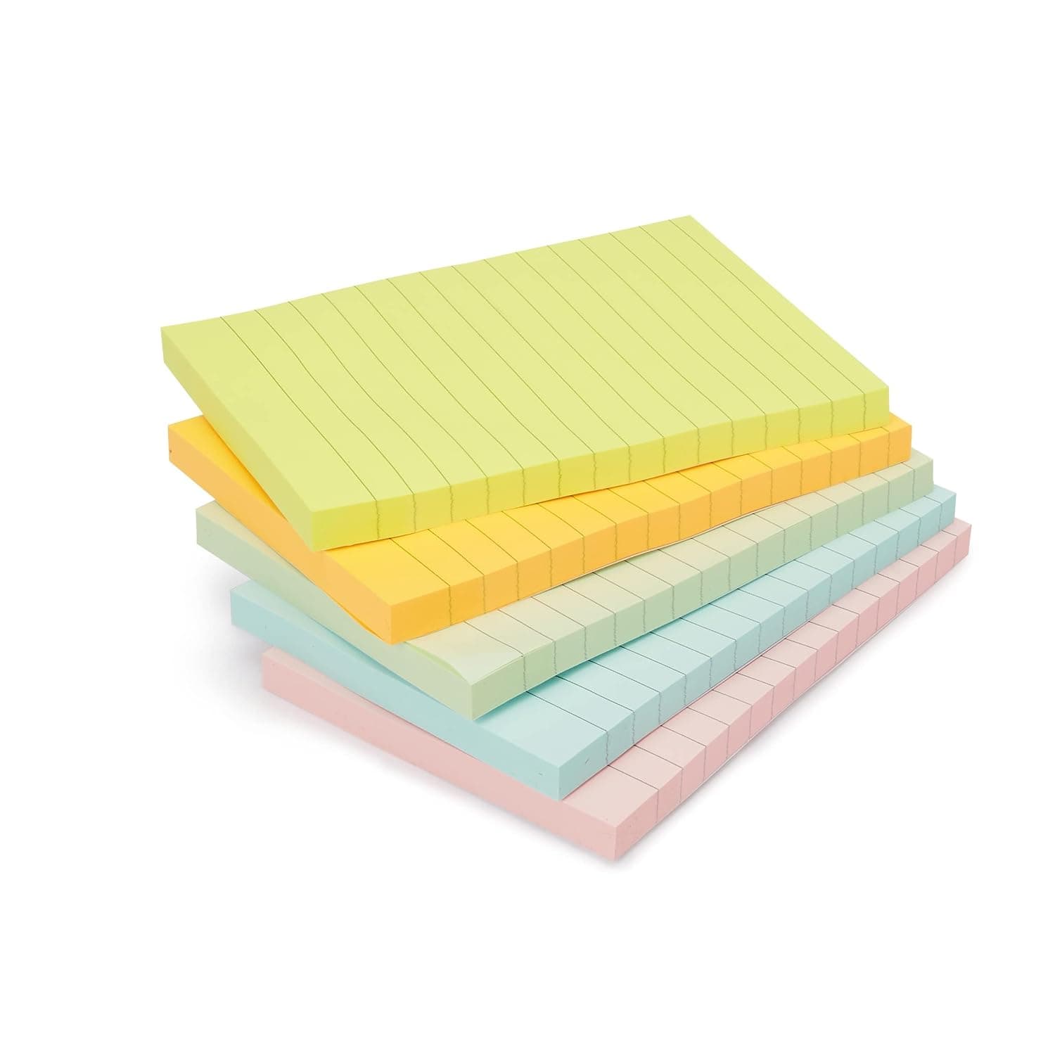 Amazon Basics Lined Sticky Notes, 10.16 × 15.24 cm Self-Stick Pads with Clean Removal Adhesive for To Do List, Home, Office, Notebook, Assorted Colors, 100 Sheets/Pad, Pack of 5