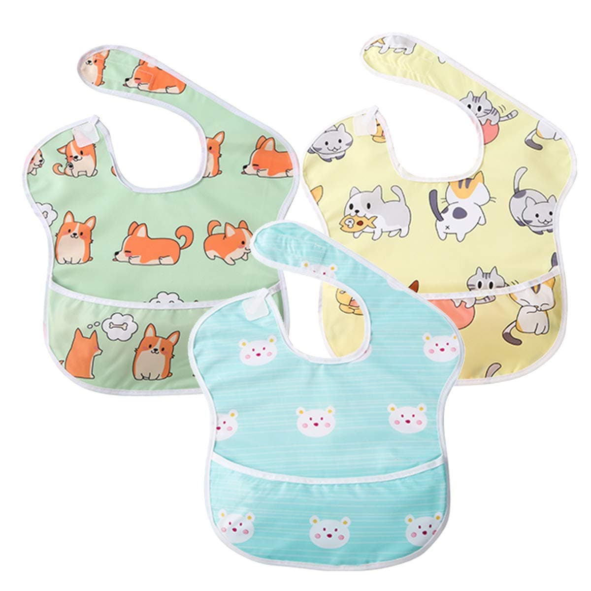 Little Dimsum 3 Pack Baby Bibs Waterproof Bib Easy to Clean Feeding Bibs Weaning Bibs Adjustable Closed for Babies Toddlers with Large Pocket (6-36Months) (Cat & Dog & Bear)