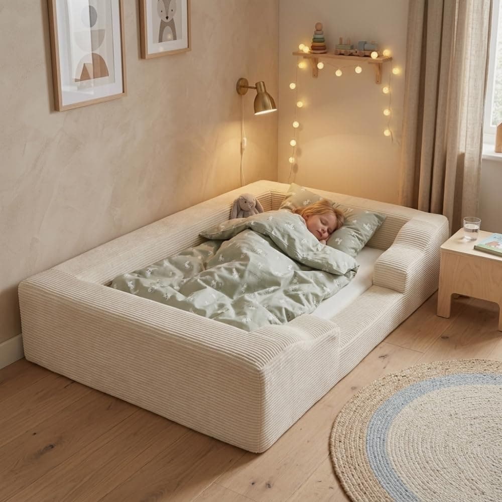 Wonder Space Foam Floor Bed for Toddlers - Soft Crib-to-Bed Transition Frame with Removable Washable Corduroy Cover, Memory Foam Bed Base for Kids 1-5 Years, Fits Standard Crib Mattress (Beige)
