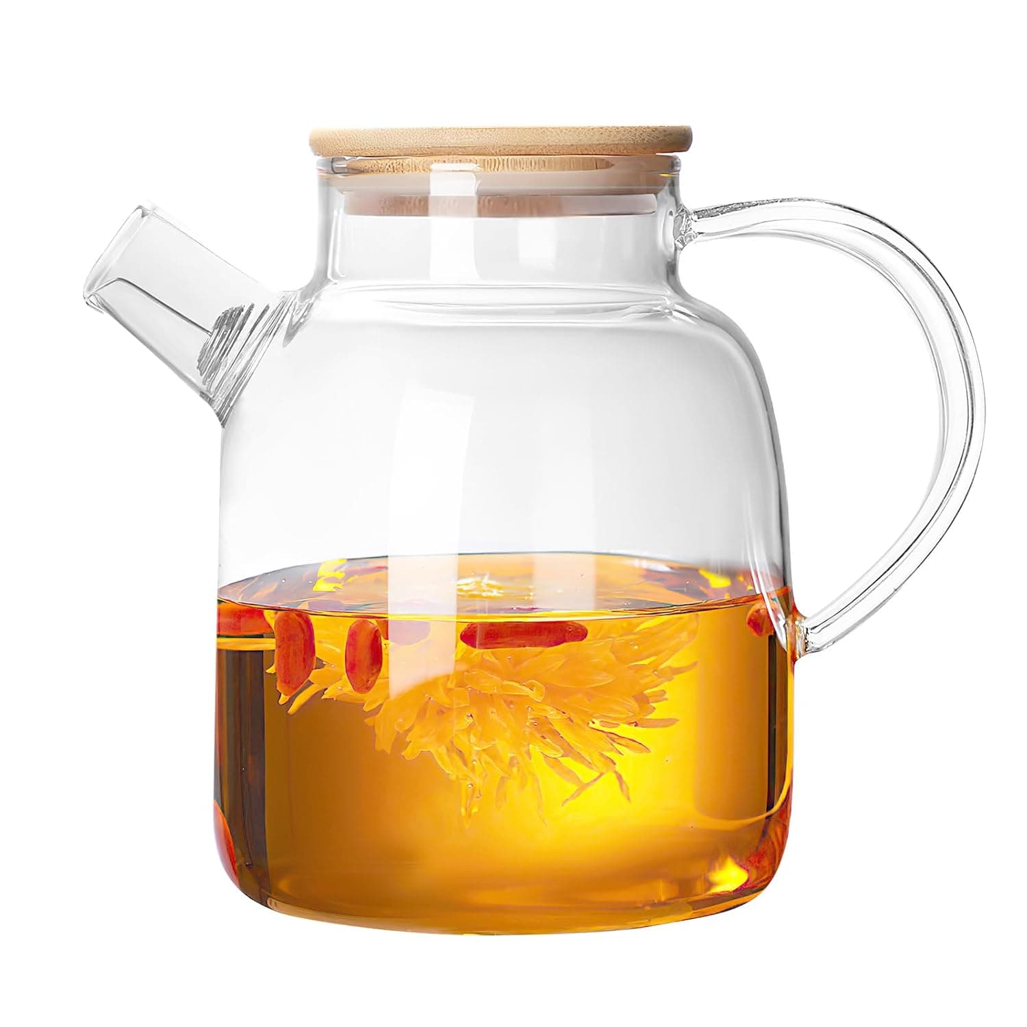 Glass Teapot Stovetop & Microwave Safe, Heatproof Borosilicate Glass Teapot Water Pitcher with Wooden Lid and Removable Filter, Teapot for Loose Leaf and Fruit Tea and Fragrant Tea (1500ML(51OZ))