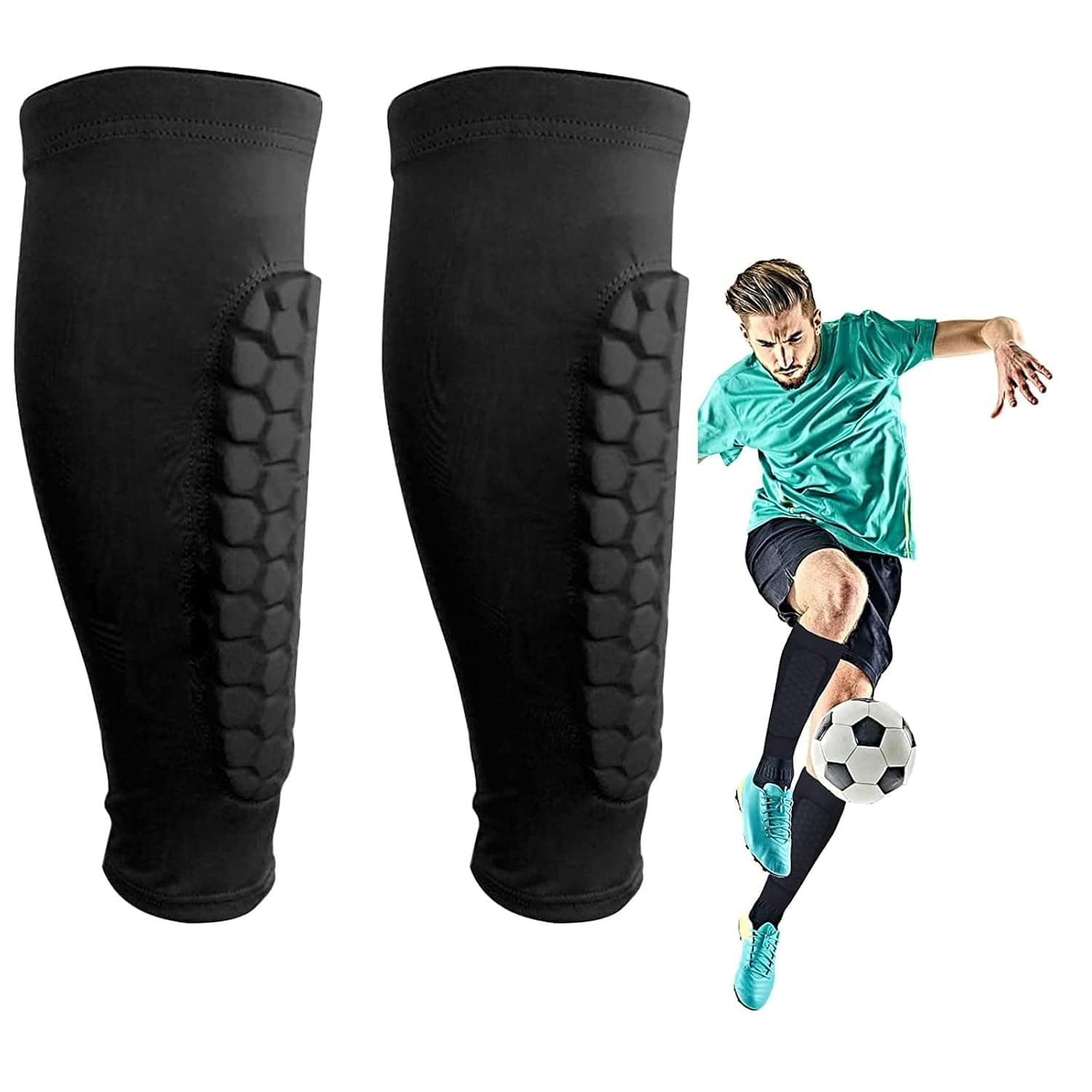 Football Shin Guards, Soccer Football Shin Guard Socks with Foam, Calf Protective Gear Soccer Equipment for Football Games Beginner Running Jogging Fitness Cycling (Black)