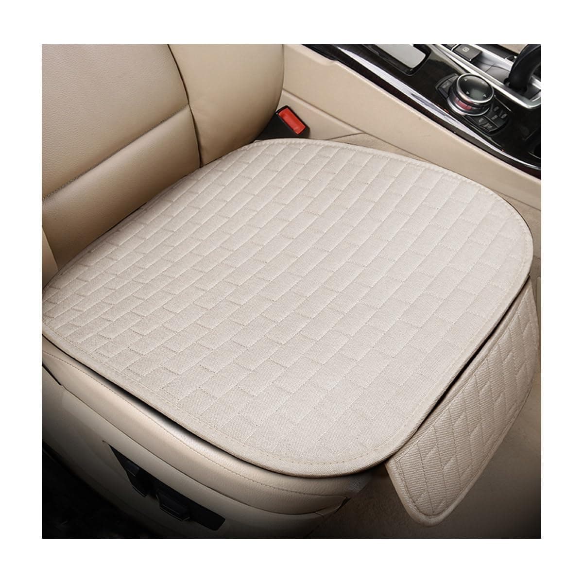 PU Car Seat Covers, Front Bottom Seat Protectors Compatible, with Storage Pocket, Breathable Linen Driver Seat Protector, Comfortable Front Cushion Pad, for Most Vehicles (Beige)