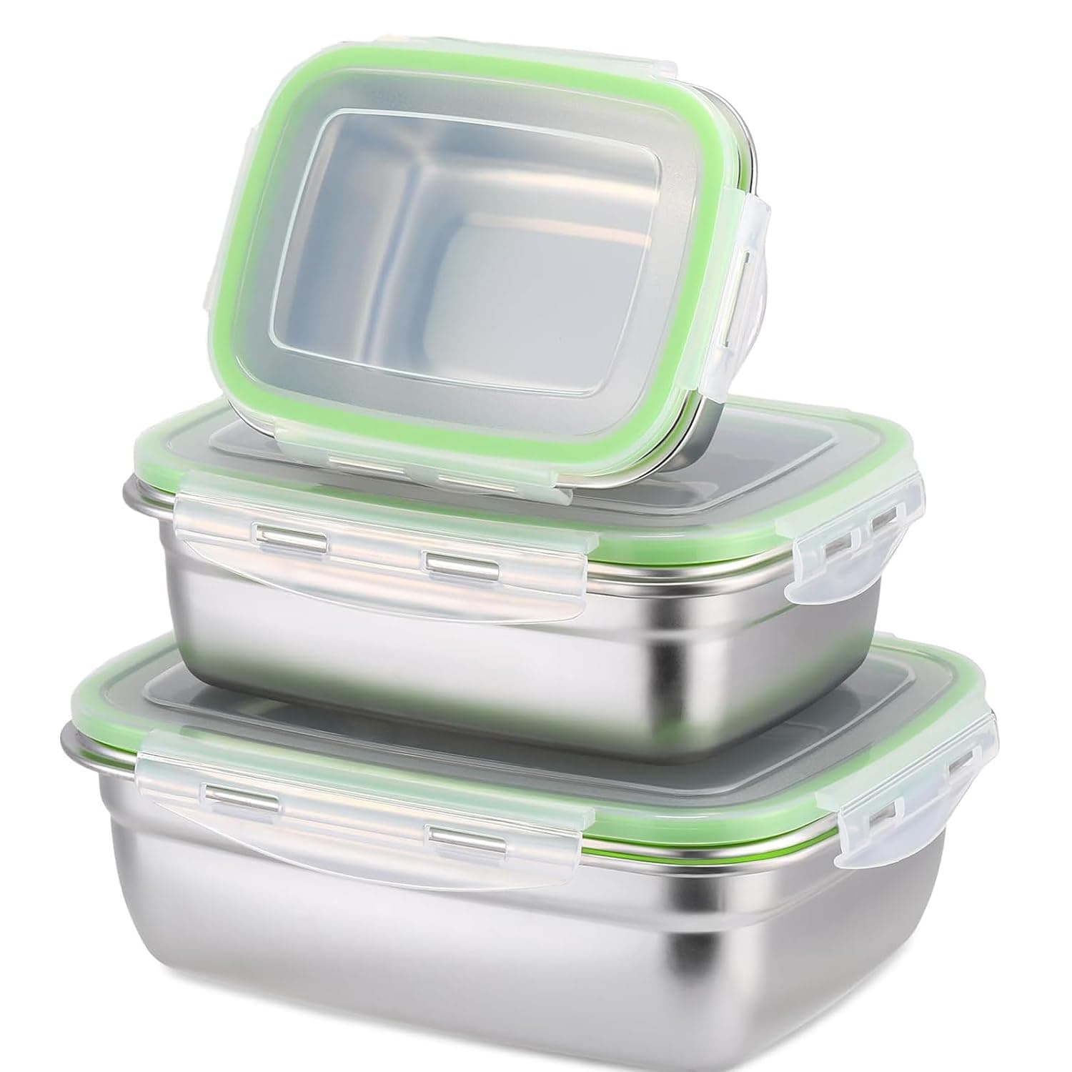 Stainless Steel Food Storage Containers with Lids, Airtight Metal Food Containers Meal Prep Container, Leak Proof Stackable Bento Lunch Box for Kitchen Travel Picnic and Camping(Green, 3 Pcs)