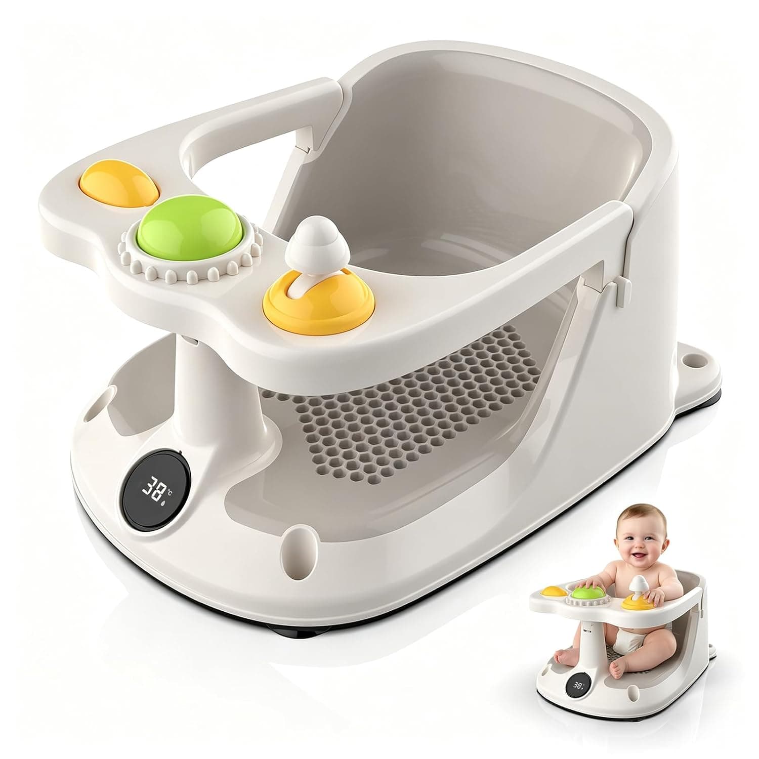 Baby Bath Seat for Babies 6 Months & Up - Bathtub Seats for Babies Sitting Up with Rinse Cup, Non-Slip, Infant Bath Essentials, Ergonomic Infant Bath Seat with Toy Tray, Gray