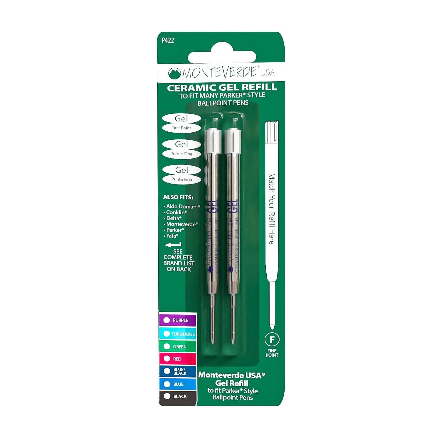 Monteverde Capless Gel Ballpoint Refill to Fit Parker Ballpoint Pens, Fine Point, Blue Black, 2 per Pack (P422BB)