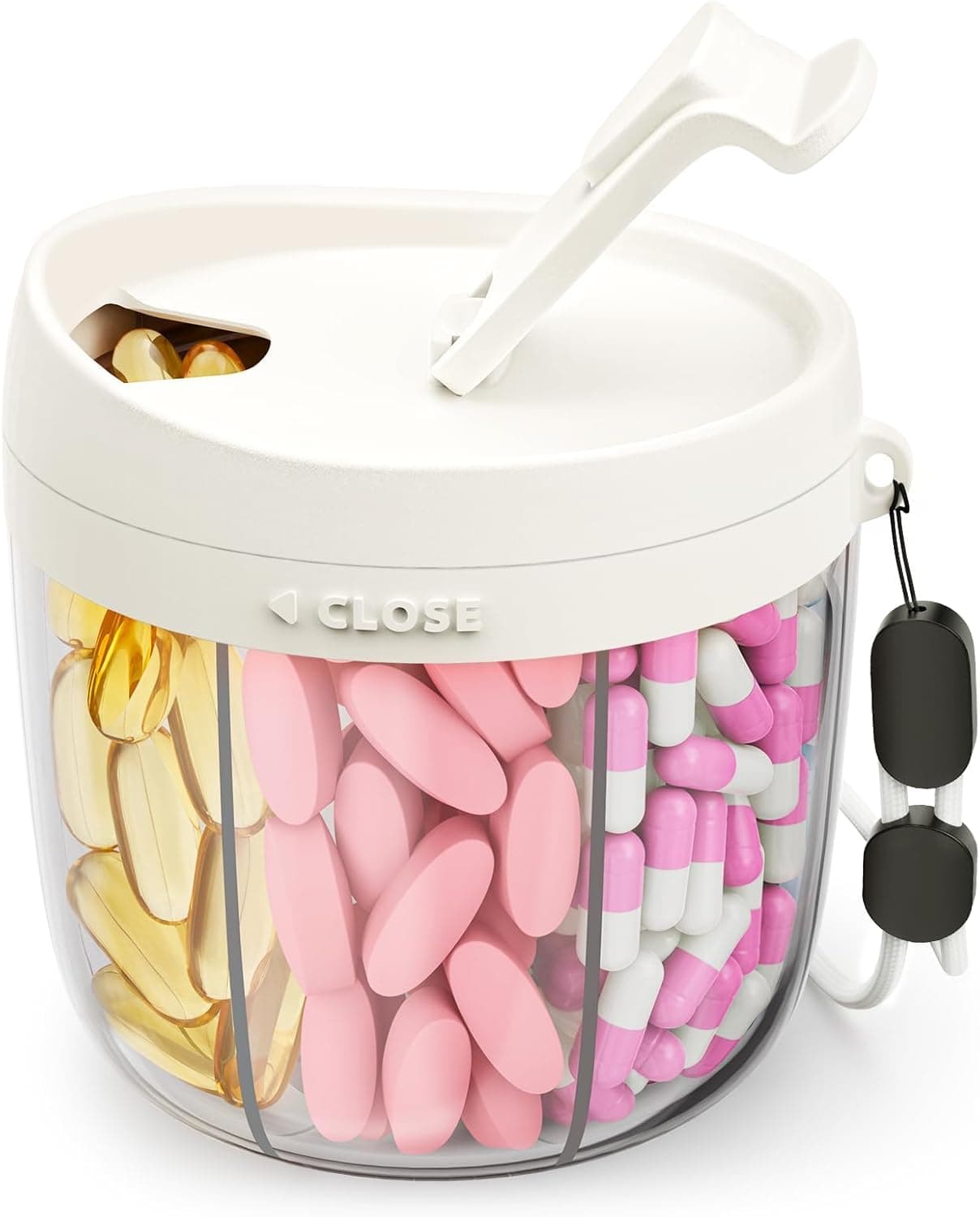 U HOOME Pill Dispenser with 7 Compartments, Large Supplement Organizer Bottle,Portable Travel Pill Box for 1 Monthly,Anti-Mix Design & Wide Opening Design,with 20 Blank Stickers (White, Small)