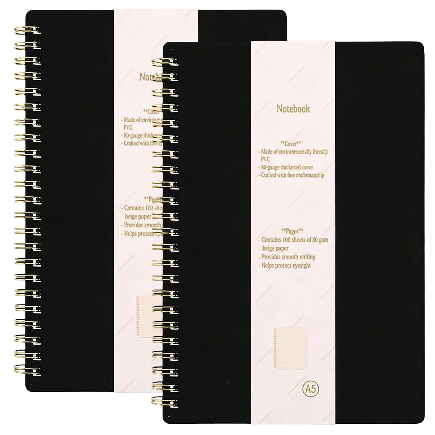 twirush 2 PCS A5 Notebook Lined, Black 200 Pages Spiral Notebook with PVC Hardcover, Notepad Spiral Bound for Office, School, Home, Easy to Carry Around, Gift for Students, Professionals, Friends